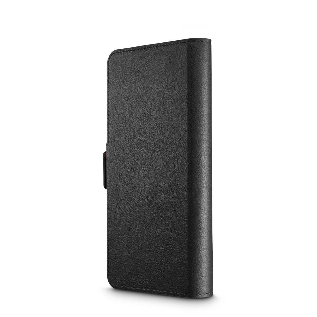 Schwarzes Leder-Brieftaschenetui, geschlossen, mit Magnetverschluss.