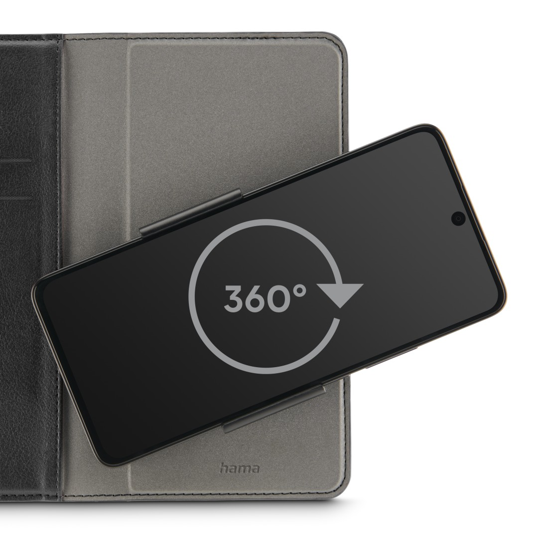Schwarzes Telefon auf einer grauen Hülle. Ein 360°-Symbol ist auf dem Bildschirm.