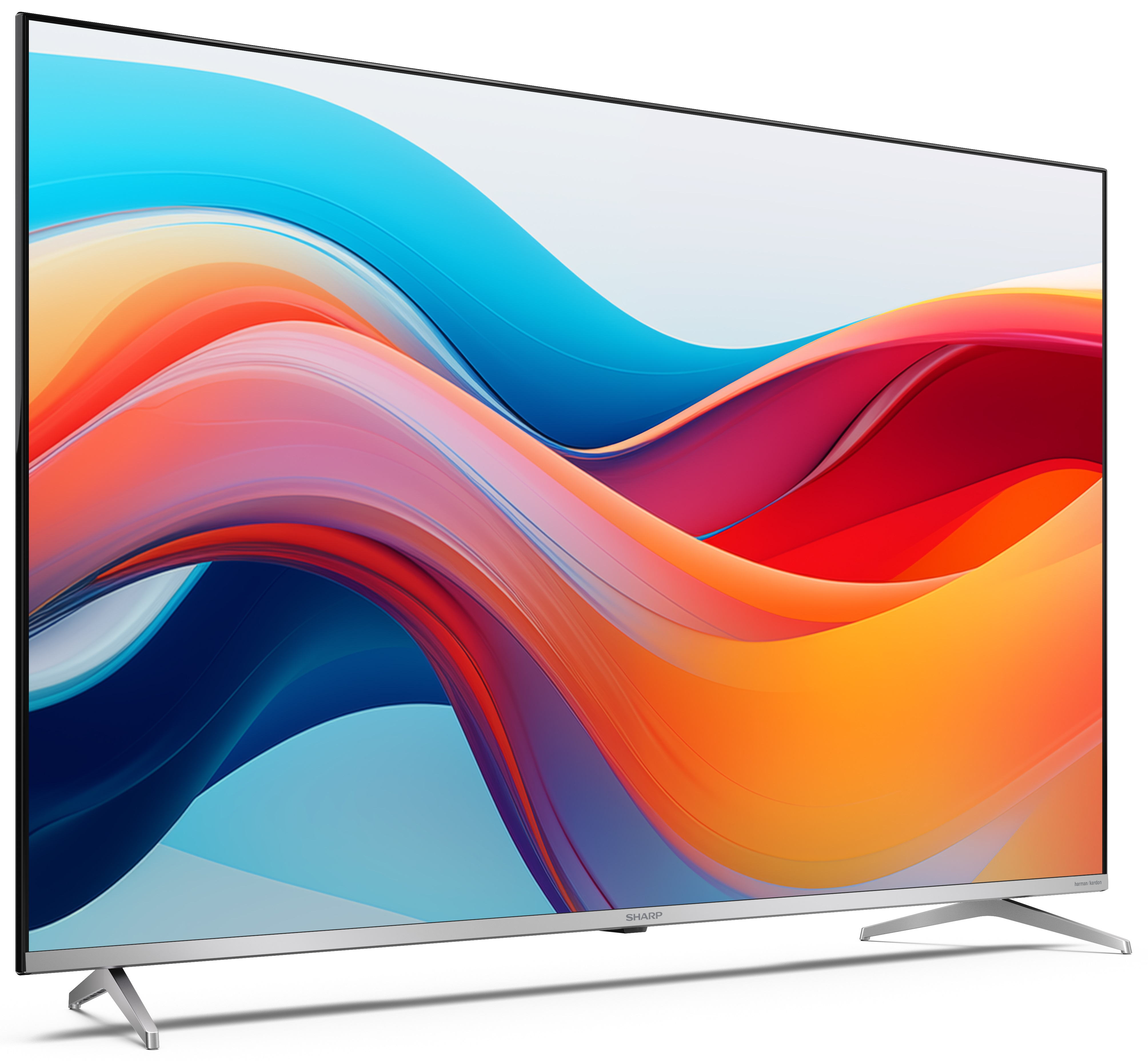Nowoczesny telewizor z kolorowym abstrakcyjnym obrazem na ekranie. Telewizor ma srebrne nóżki i cienką ramkę.