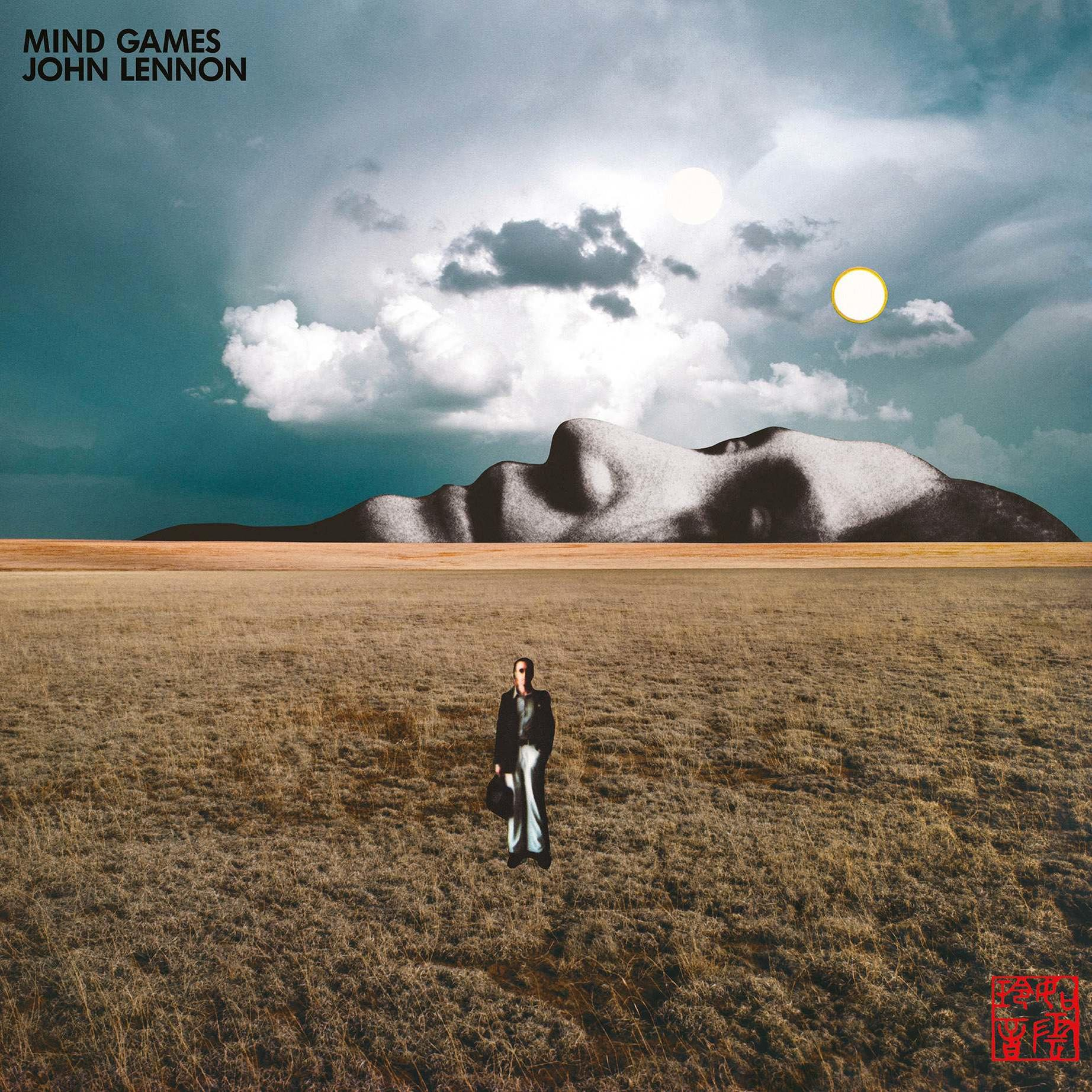 Albumcover mit John Lennon, der in einem Feld steht, Sonne und Berge.