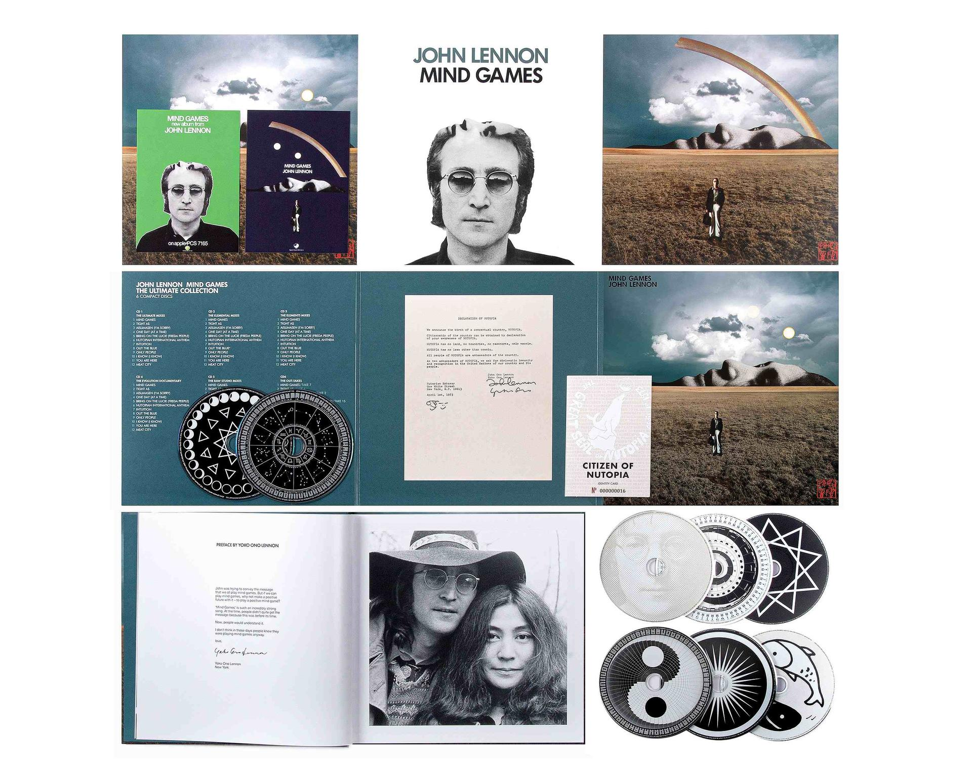 Mehrere Albumcover und Erinnerungsstücke von John Lennons Album 'Mind Games'. Enthält Fotos und eine CD.