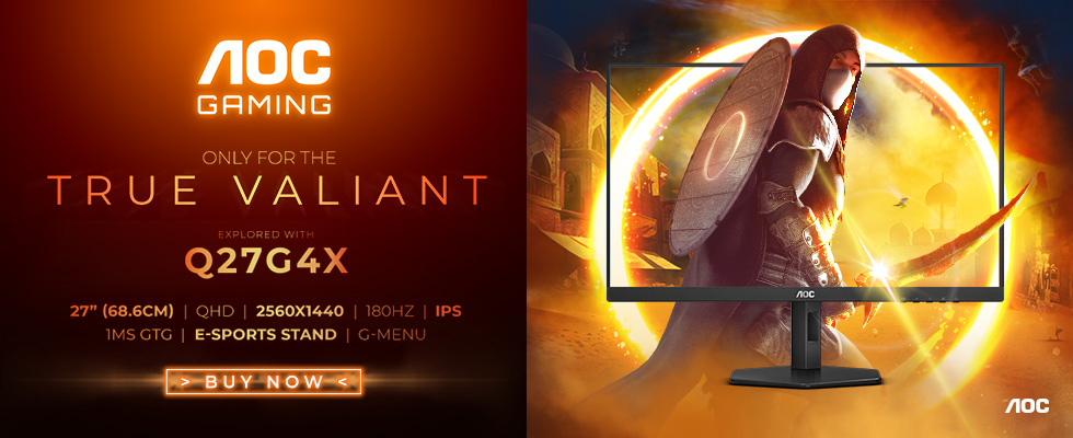 AOC Gaming-Monitor-Werbung mit mittelalterlichem Bogenschützen und Monitorspezifikationen. Oranger Hintergrund.