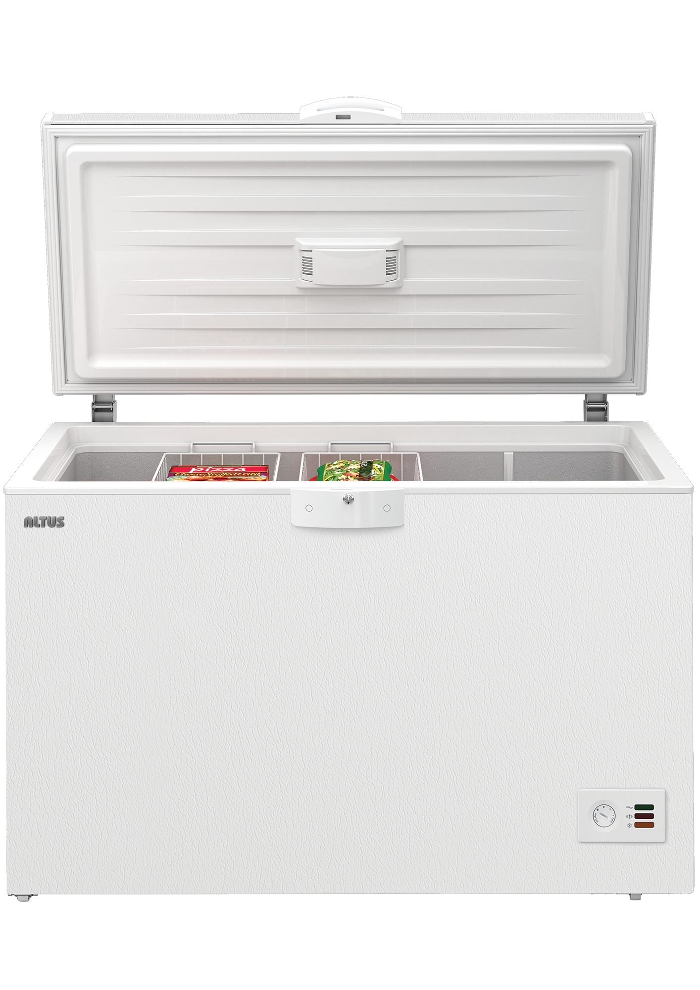 Kapağı açık, dondurulmuş yiyeceklerin bulunduğu bölmeleri gösteren beyaz bir sandık tipi derin dondurucu.