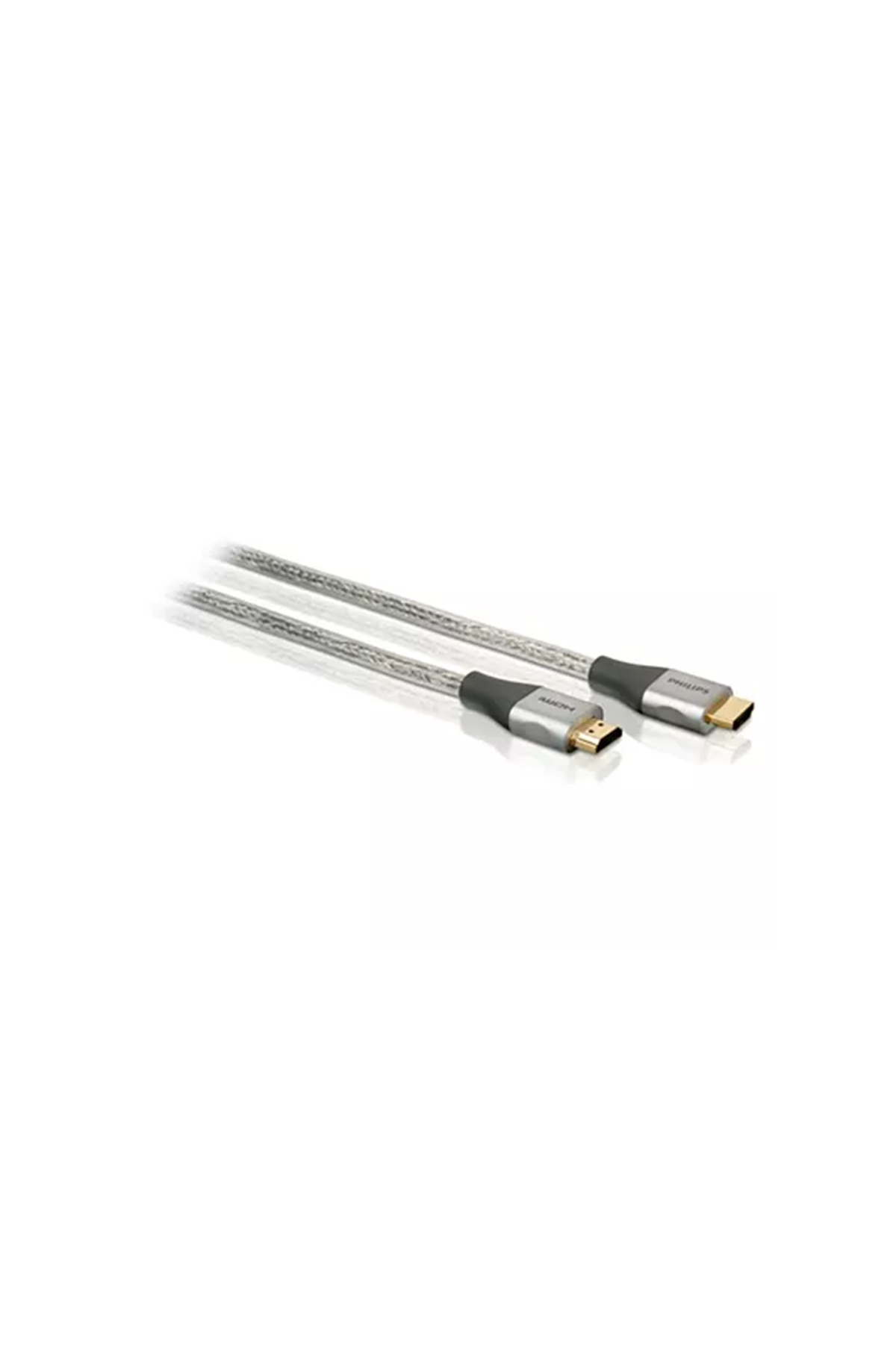 Beyaz bir arka plan üzerinde iki gümüş HDMI kablosu. Kablolar yeni ve kullanılmamış gibi görünüyor.