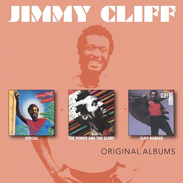 Albumcover für Jimmy Cliff. Drei Albumcover mit einem Porträt von Jimmy Cliff. Die Worte sind "Original Albums".