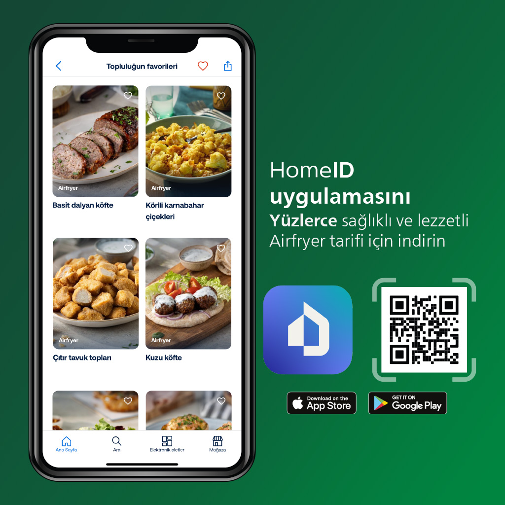 Bir telefon, yemek resimleri ve bir QR kodu içeren bir uygulama görüntülüyor. Metin, tarifler için uygulamayı tanıtıyor.