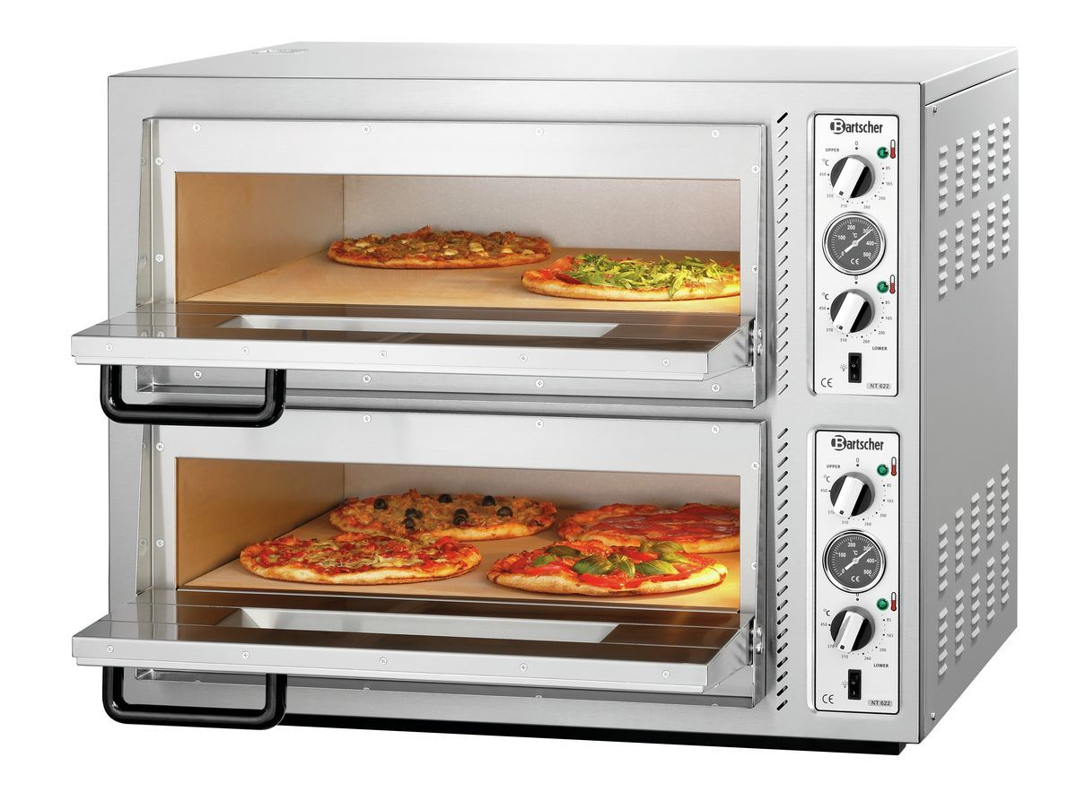 Ein gewerblicher Pizzaofen mit zwei Ebenen, die jeweils Pizzen aufnehmen. Er hat Temperaturregler und ein Edelstahlgehäuse.