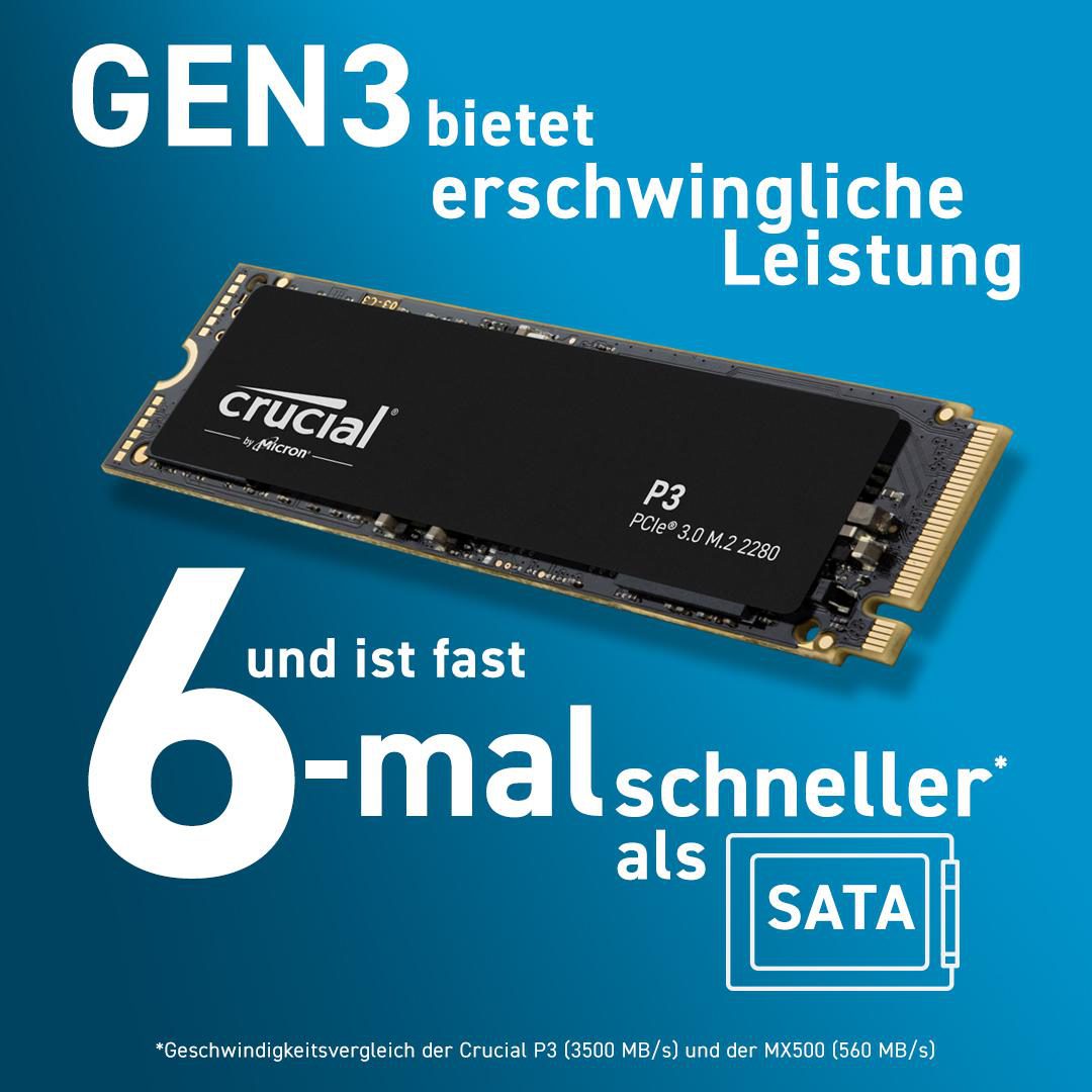 SSD-Laufwerk mit Text, 6x schneller als SATA, auf blauem Hintergrund mit weißem Text.