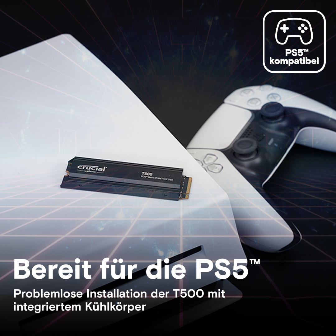 CRUCIAL T500 mit Heatsink, Playstation 5 Kompatibel Festplatte, 2 TB SSD M.2 via PCIe, intern