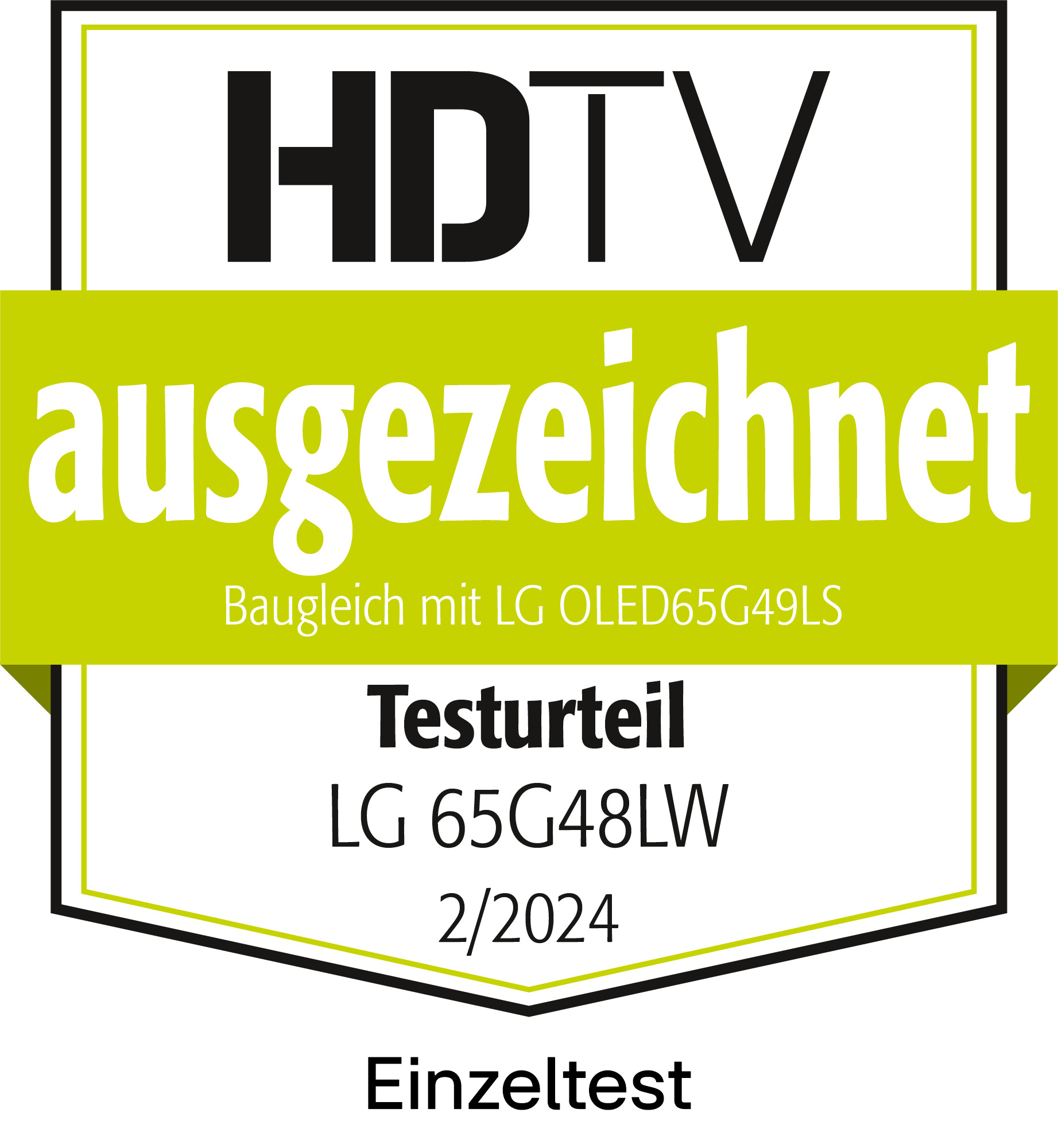 Logo: HDTV, ausgezeichnet, LG 65G48LW, 2/2024.