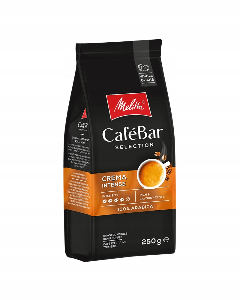 Melitta CaféBar seçimi, yoğun krema ve %100 arabica metni içeren siyah kahve paketi.