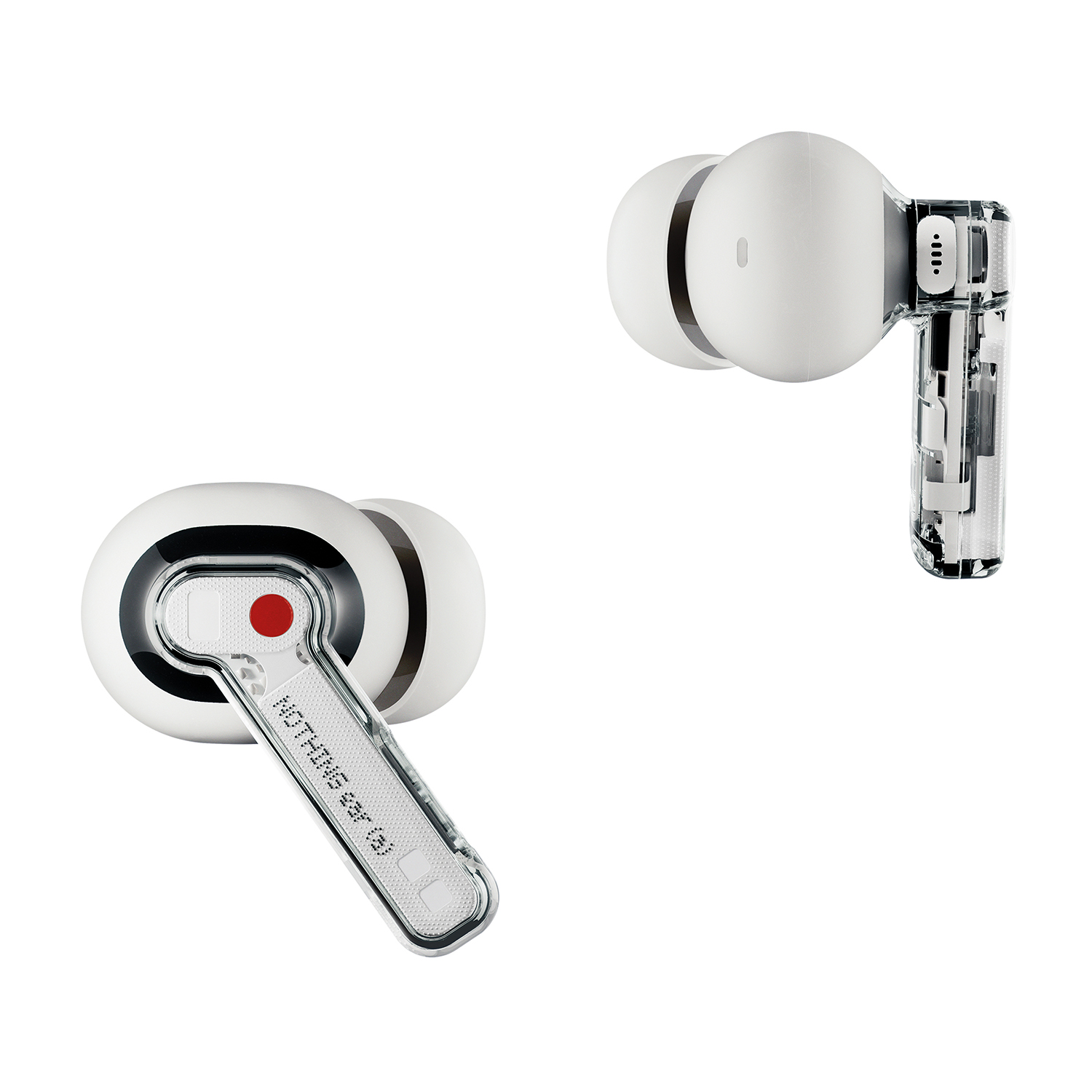 Due auricolari bianchi con un gambo trasparente. Un auricolare è isolato. Lo sfondo è bianco.