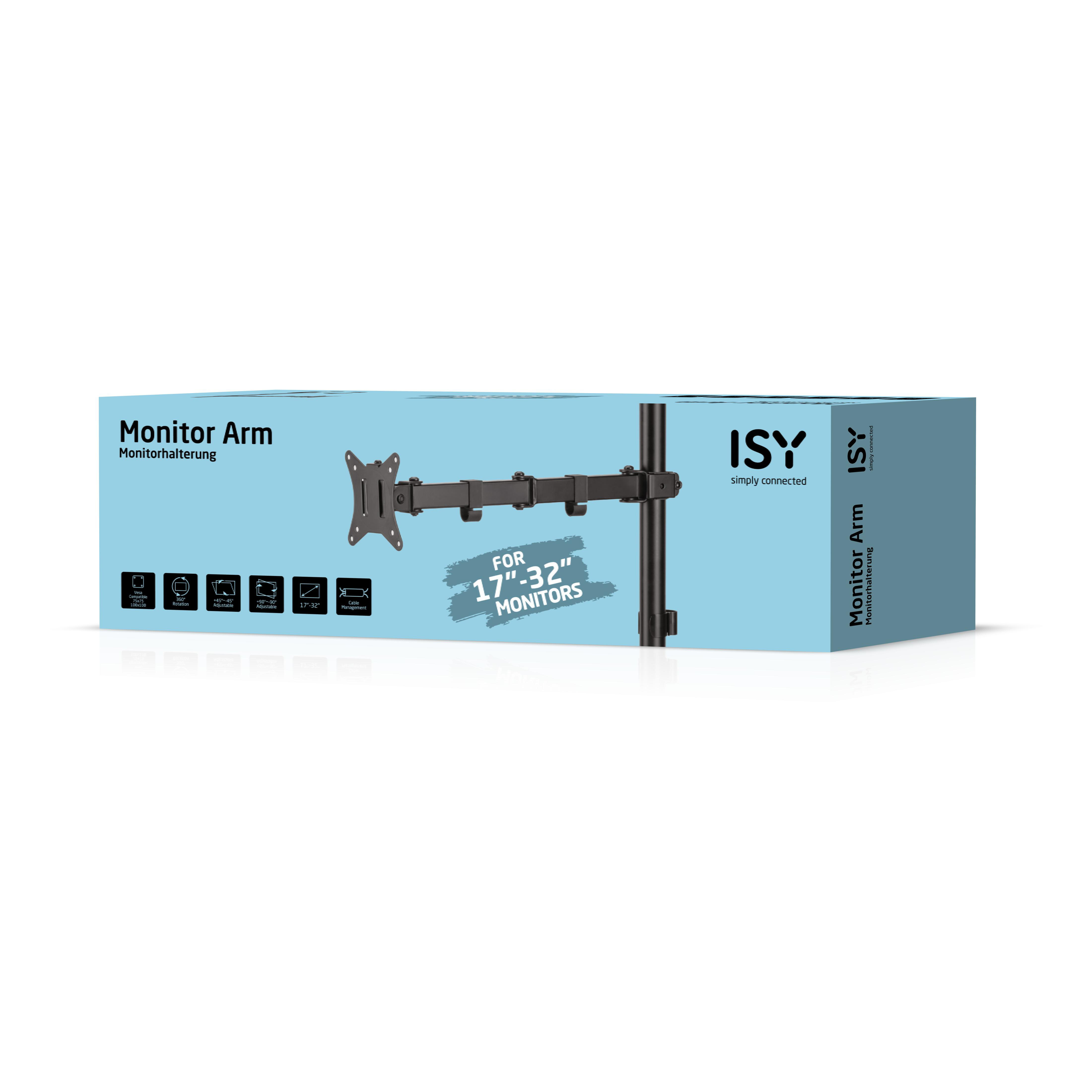 Box für einen Monitorarm, schwarz und blau. Text sagt "Monitor Arm" und "For 17-32" Monitors".