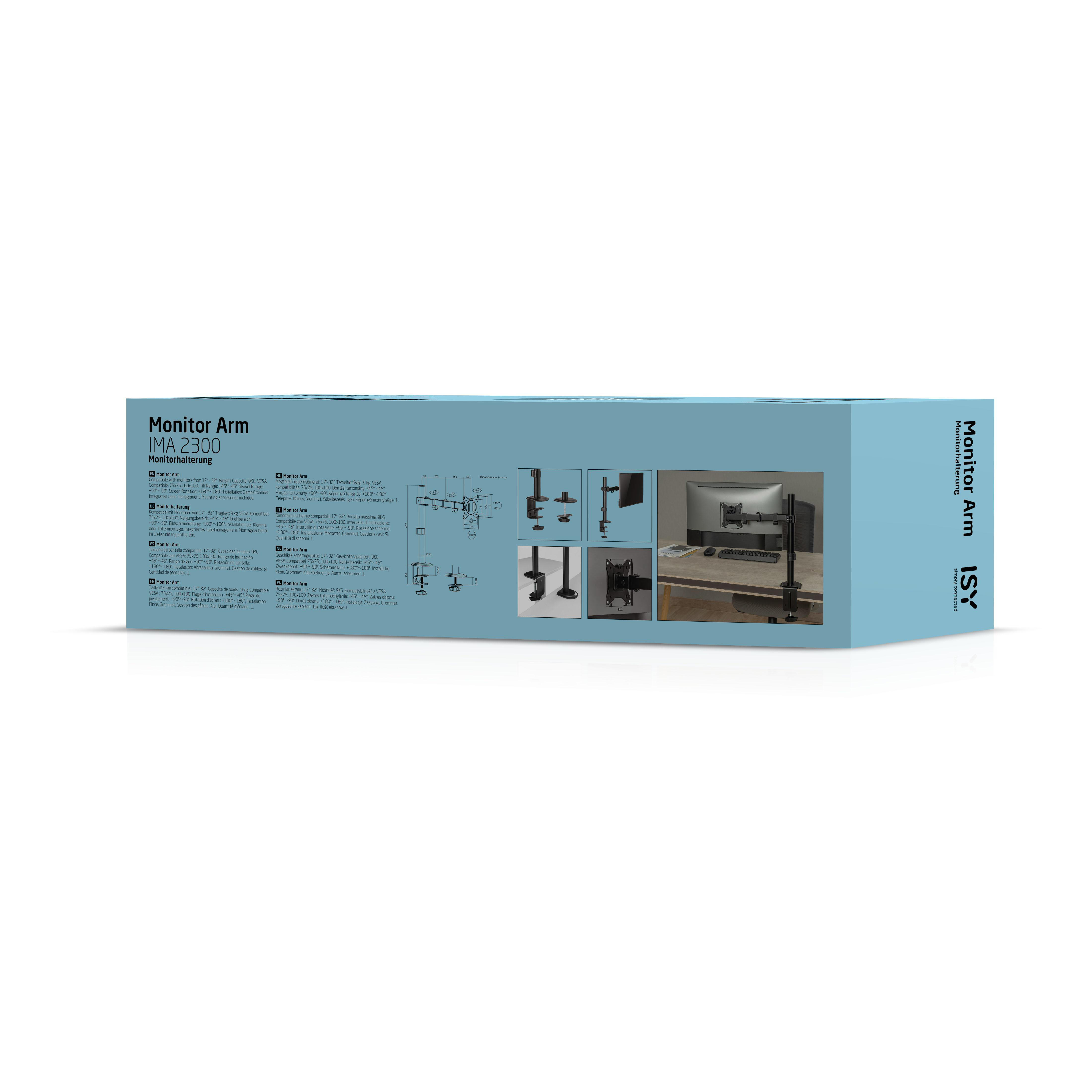 Karton mit Monitorarmzeichnungen und Text 'Monitor Arm IMA 2300'.