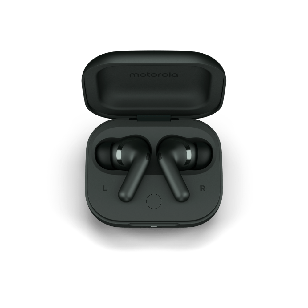 Schwarze Motorola Ohrhörer in einem Etui. Das Etui ist geöffnet, wodurch die Ohrhörer sichtbar werden.