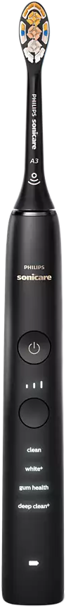 Fekete Philips Sonicare elektromos fogkefe gombokkal és szöveggel, fehér-kék fejjel.