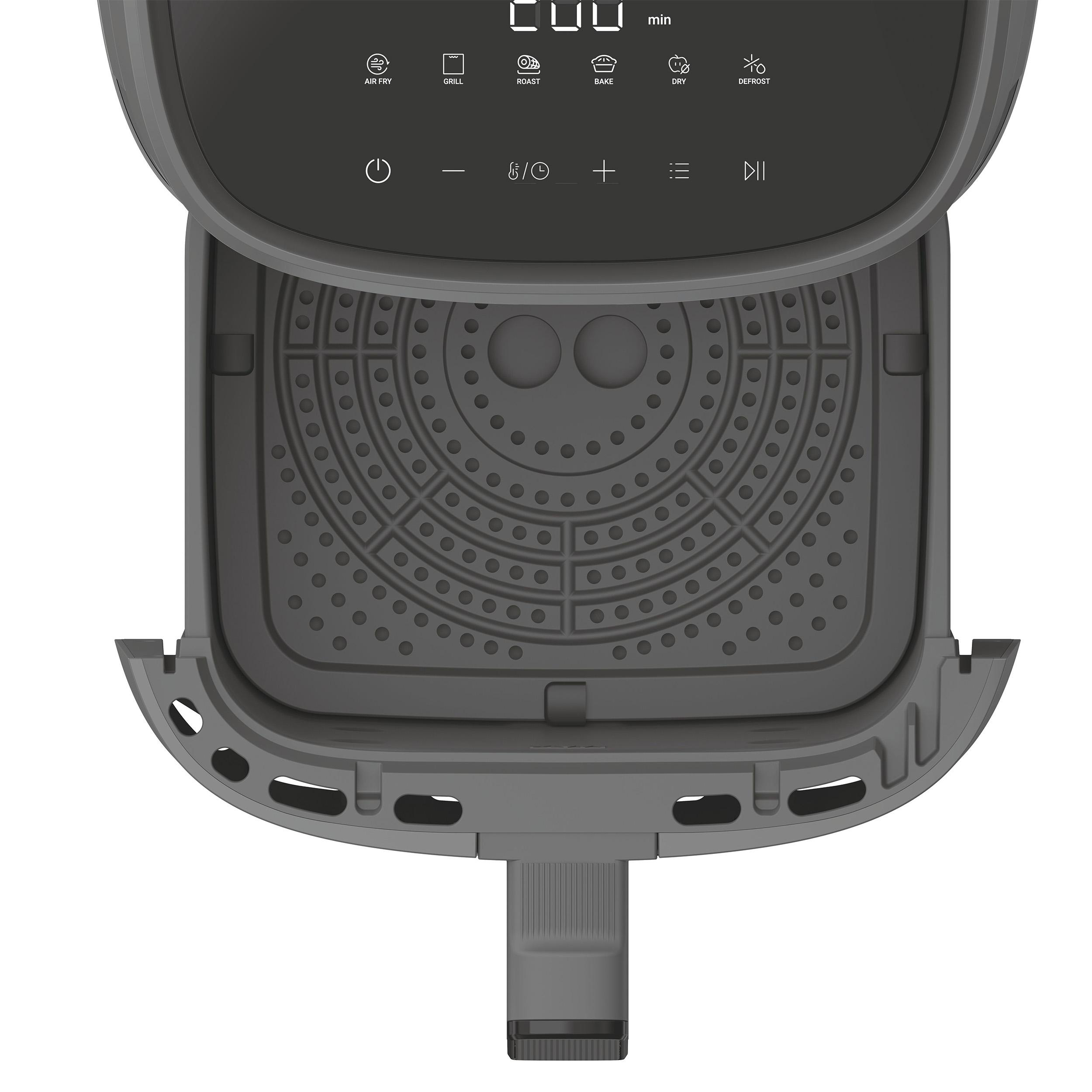Ein offener, grauer Airfryer mit Digitalanzeige und Bedientasten.