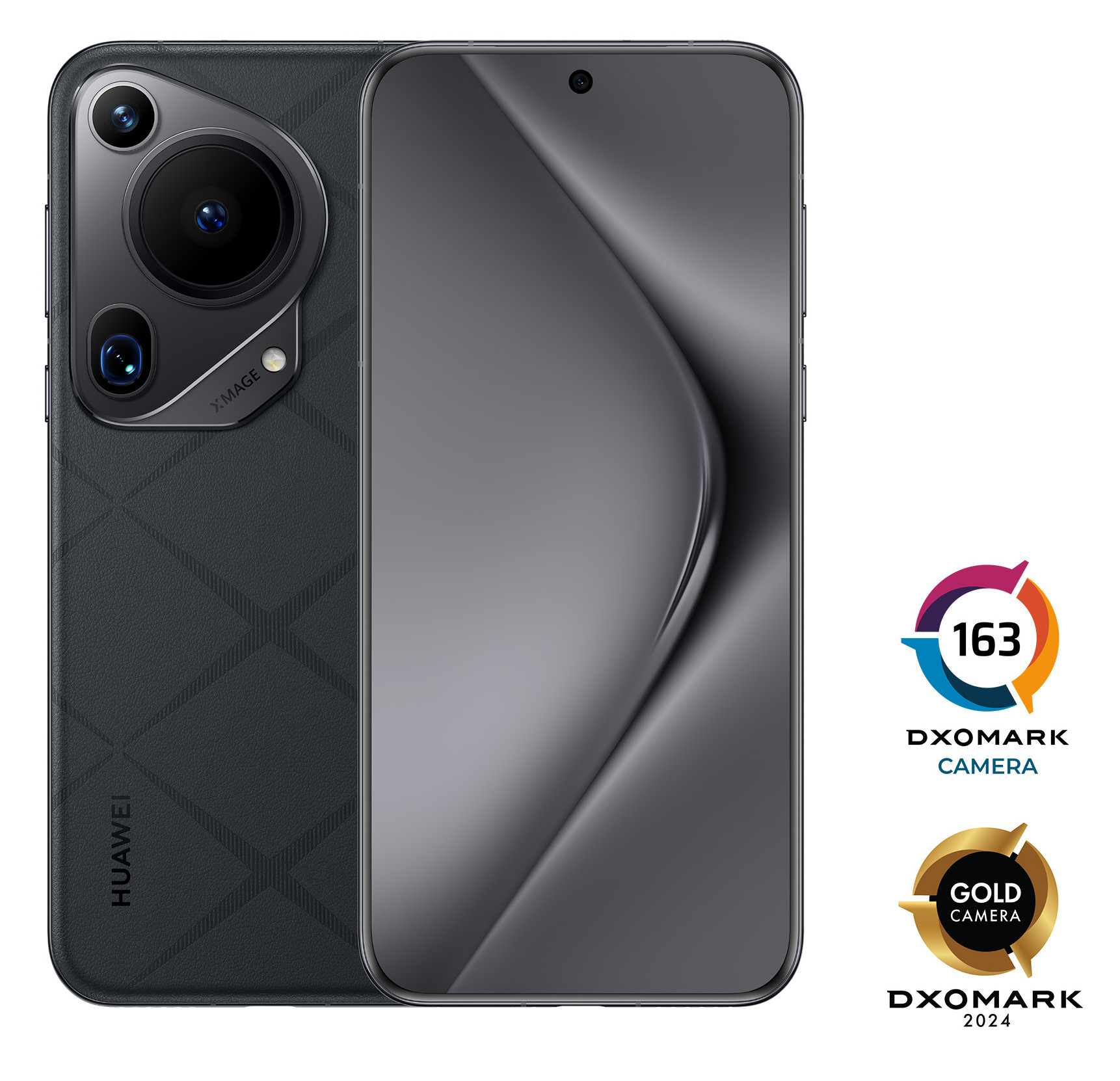 Telefon komórkowy z modułem aparatu, logo dxomark i złotą etykietą aparatu.