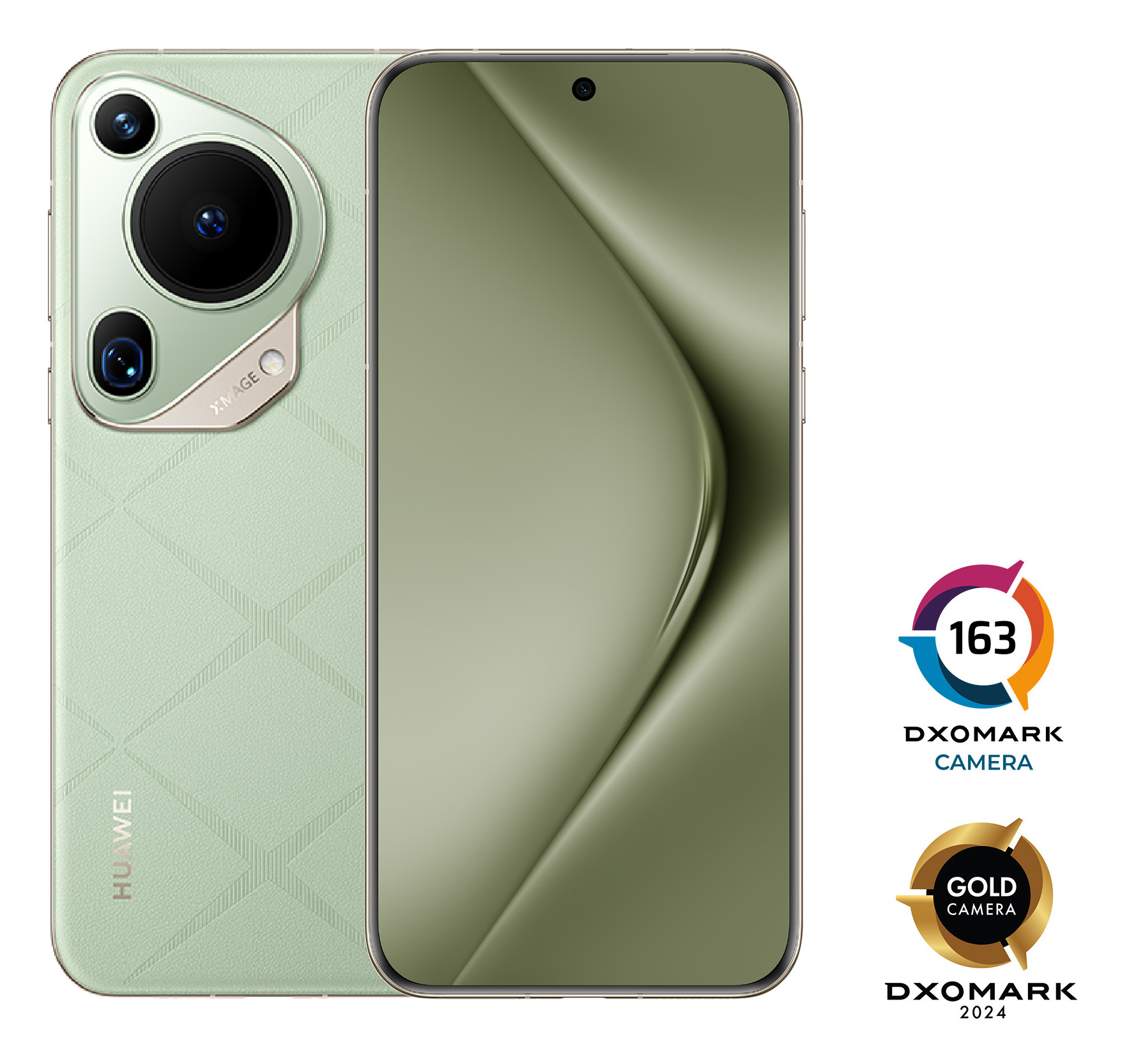Zielony smartfon Huawei z trzema tylnymi aparatami i przednim. Wynik aparatu DXOMARK 163, Złoty Aparat 2024.