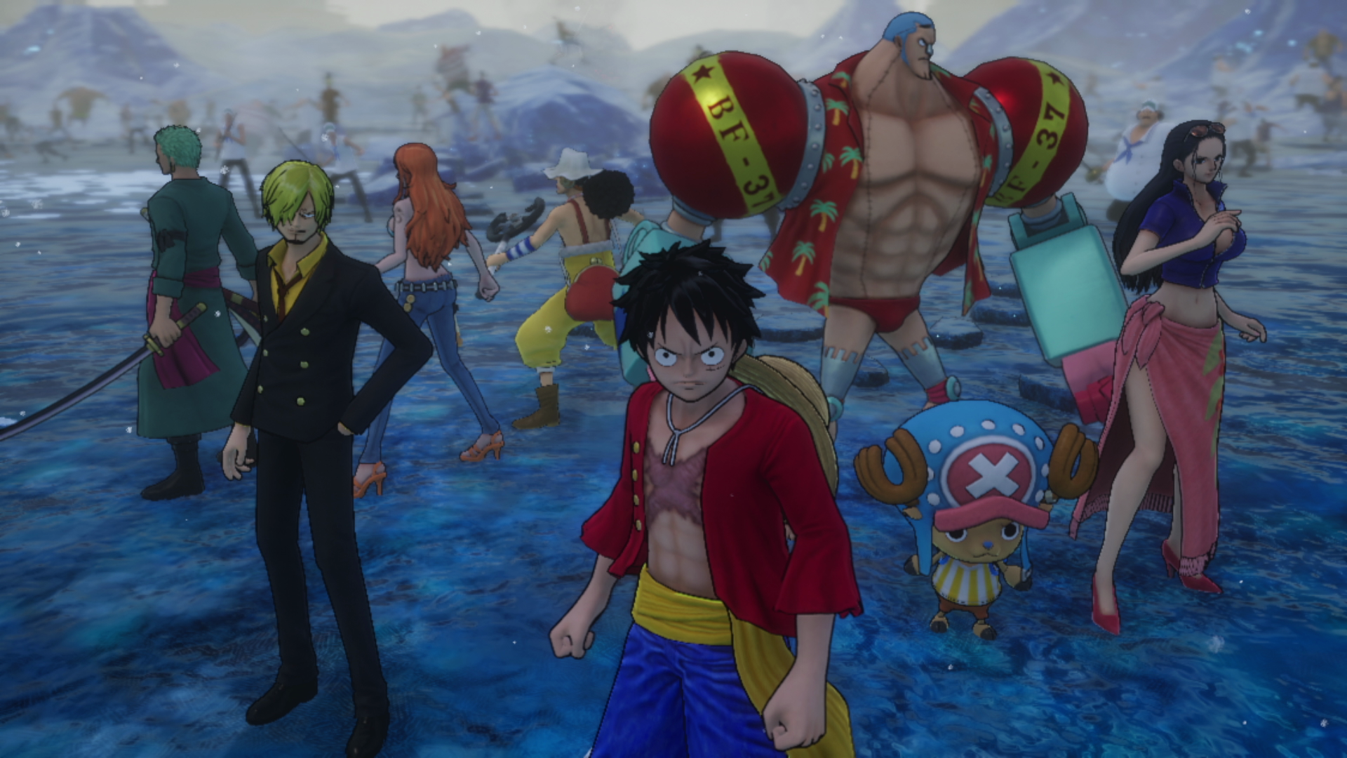Eine Gruppe von Anime-Charakteren aus One Piece, die an einem Strand stehen, Luffy im Vordergrund.