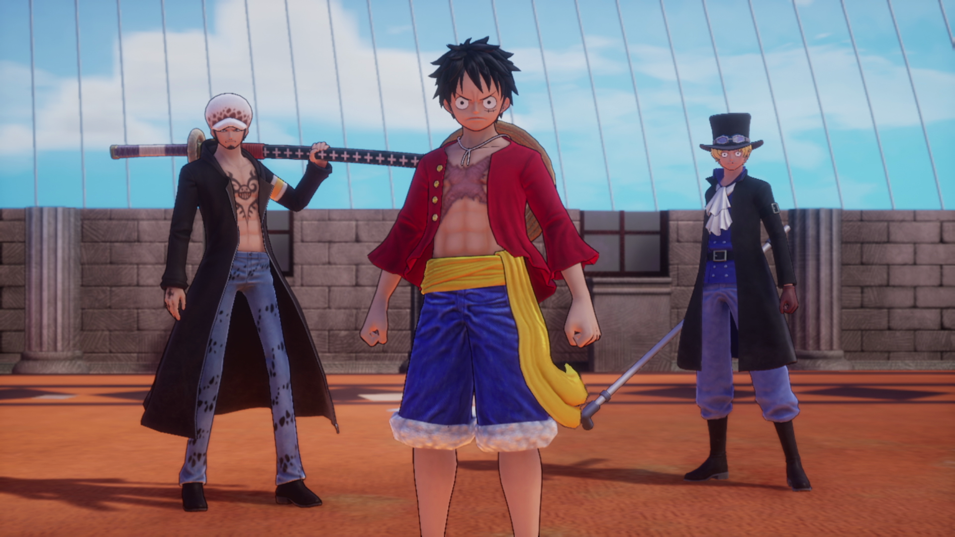 Anime-Charaktere: Luffy, Zoro und Sanji stehen auf einer Plattform. Blauer Himmel im Hintergrund.