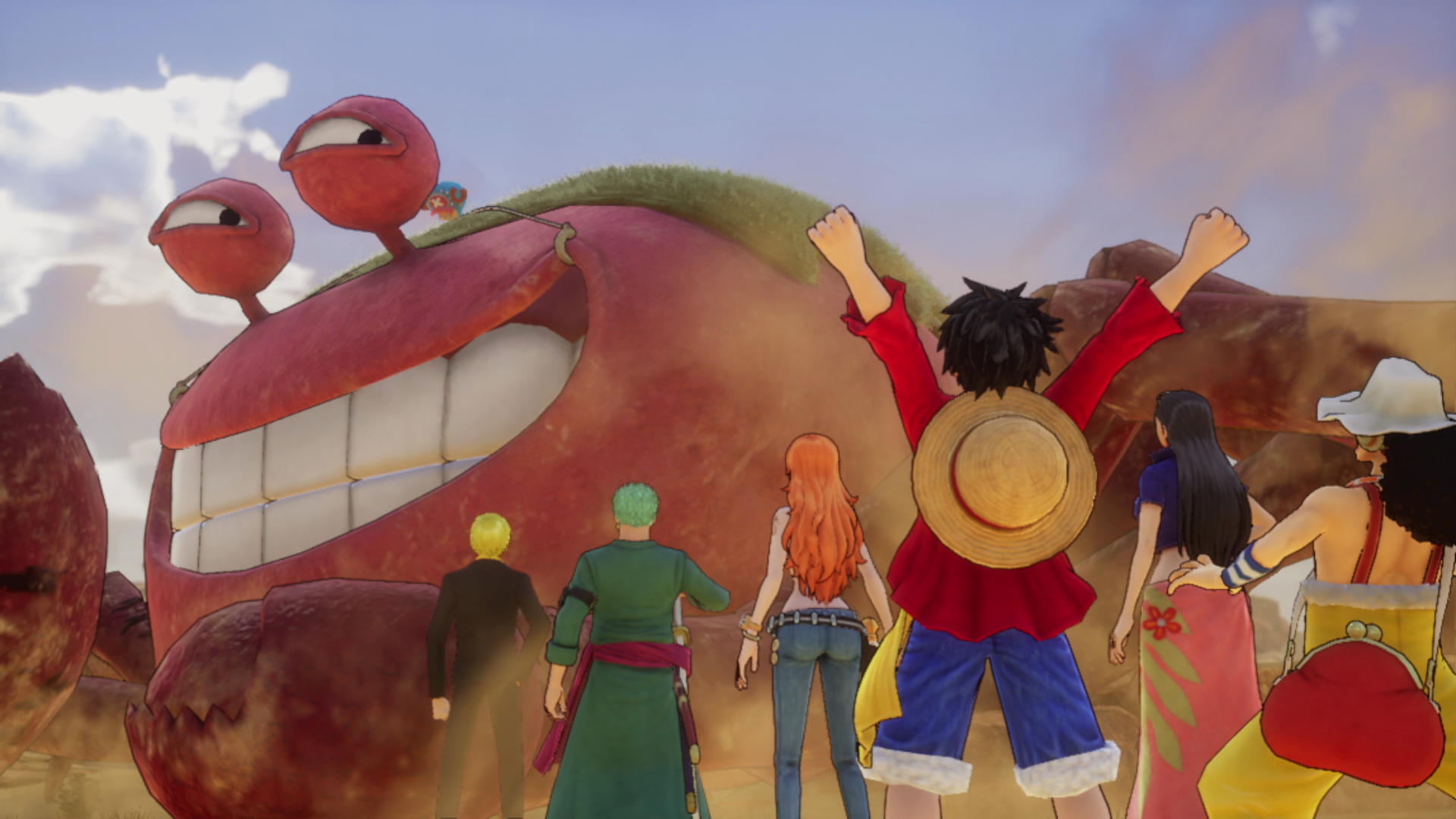 Eine Gruppe von Anime-Charakteren betrachtet eine große Krabbe.