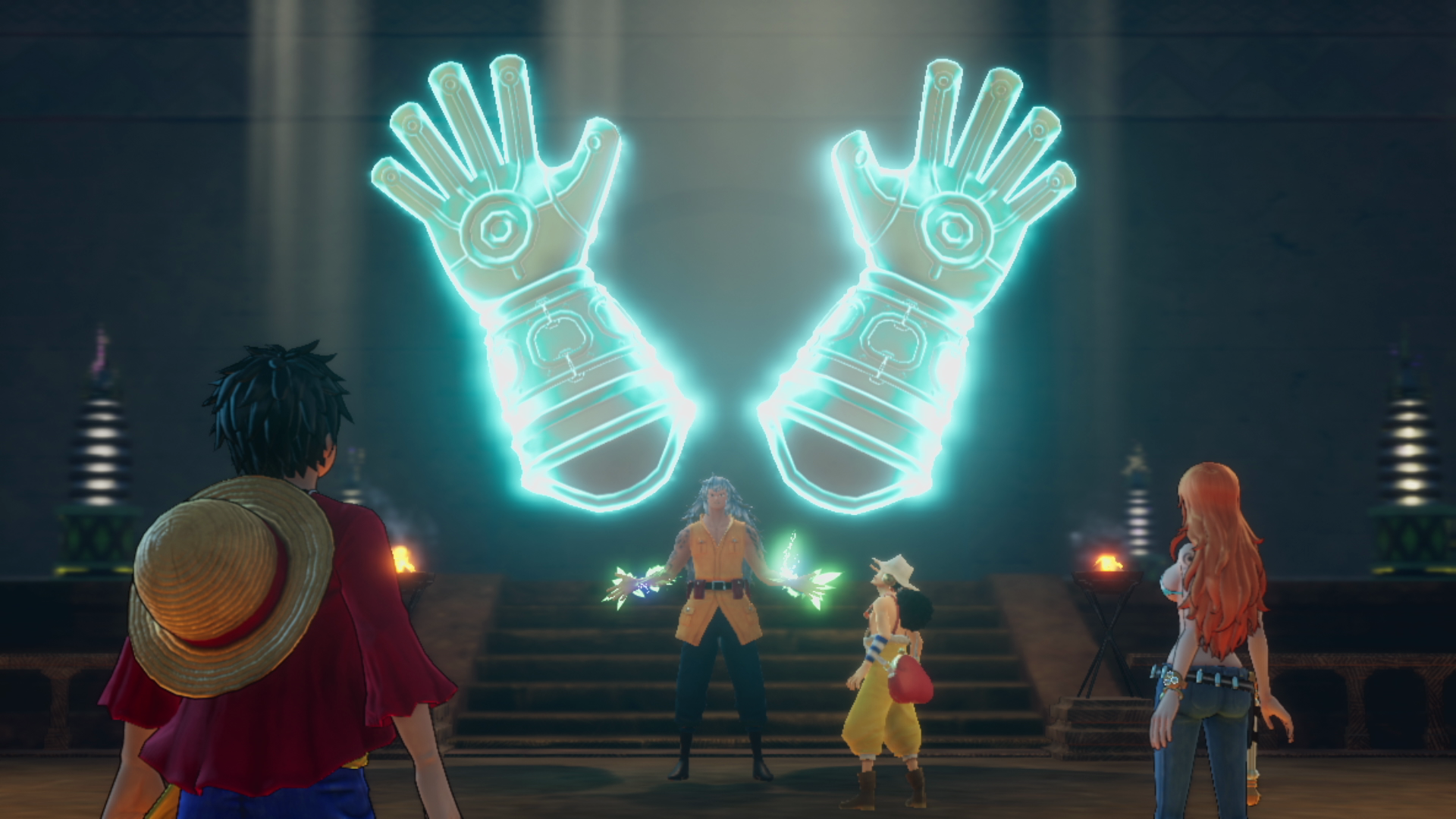 Videospielszenen mit Charakteren und leuchtenden Händen; One Piece Spiel.