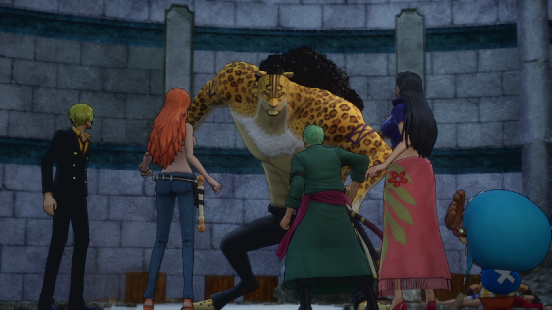 Charaktere aus dem One Piece Anime stehen zusammen in einem hellen Raum.