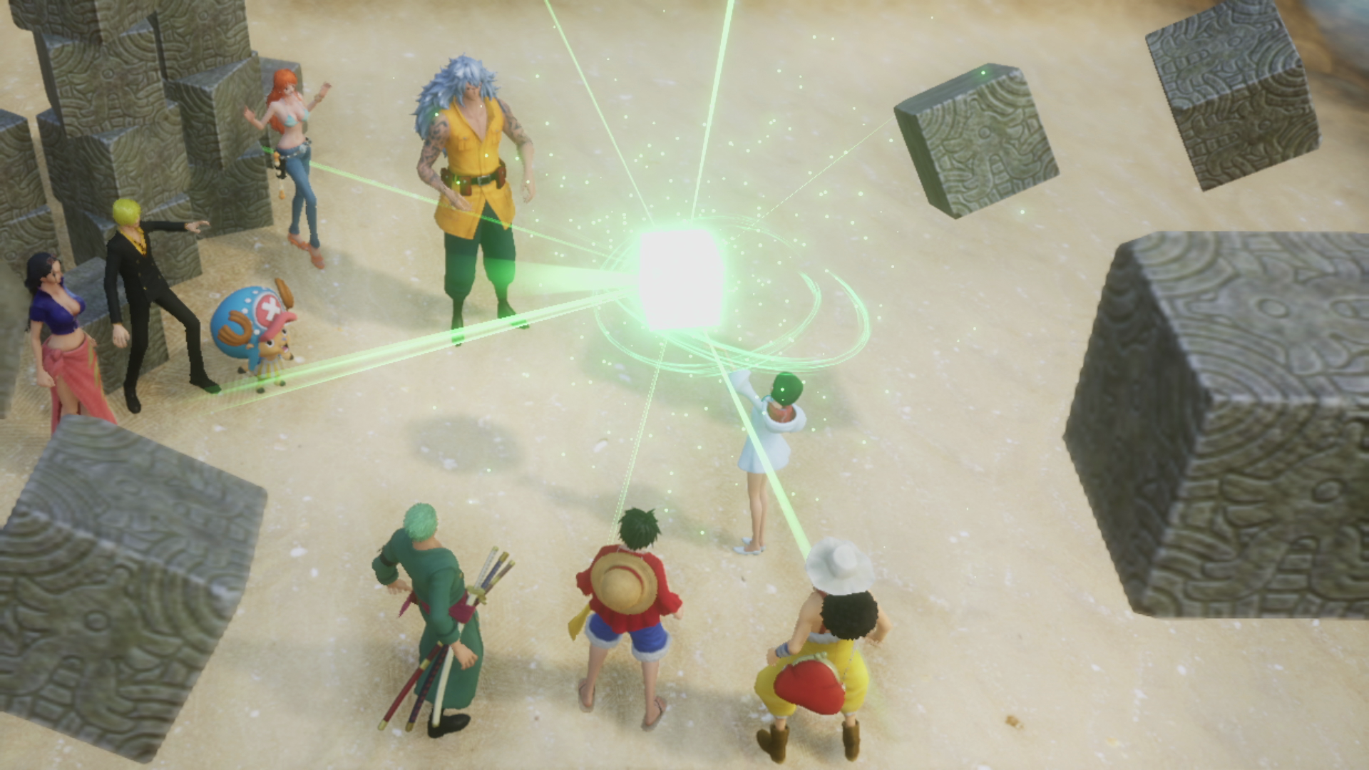 Anime-Charaktere stehen an einem Sandstrand, in der Mitte eine grüne Energiekugel. Würfelförmige Gebilde schweben im Hintergrund.