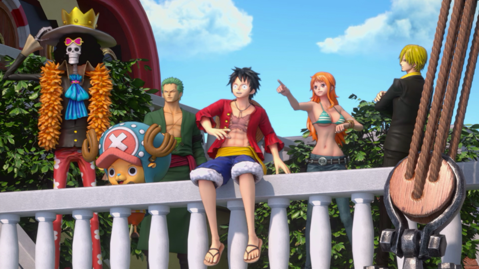 Anime-Charaktere aus One Piece auf einem Schiff, die sich auf dem Deck präsentieren.