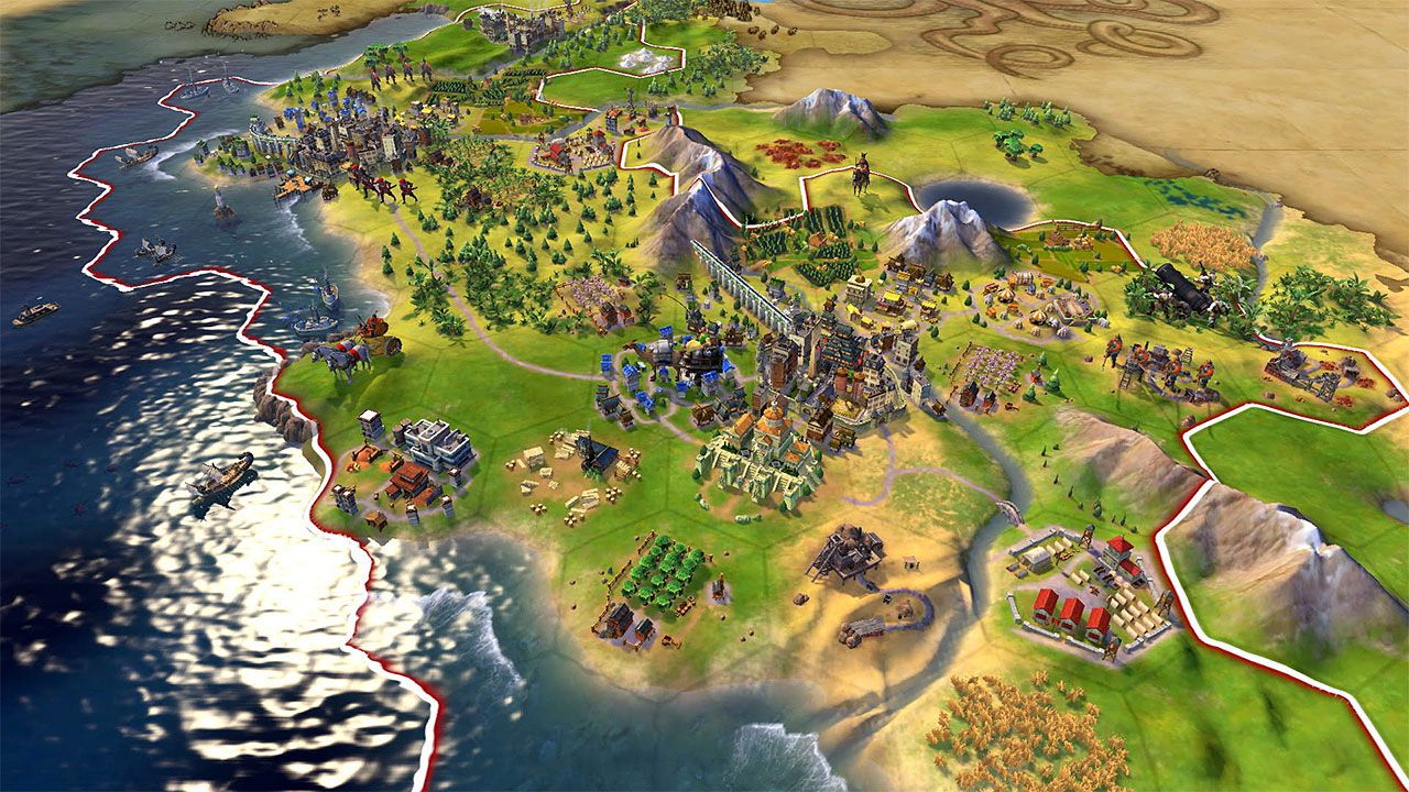 Eine detaillierte Strategiespielkarte zeigt eine Küstenregion mit Städten, Bergen, Wäldern und verschiedenen Einheiten wie Schiffen und Soldaten.