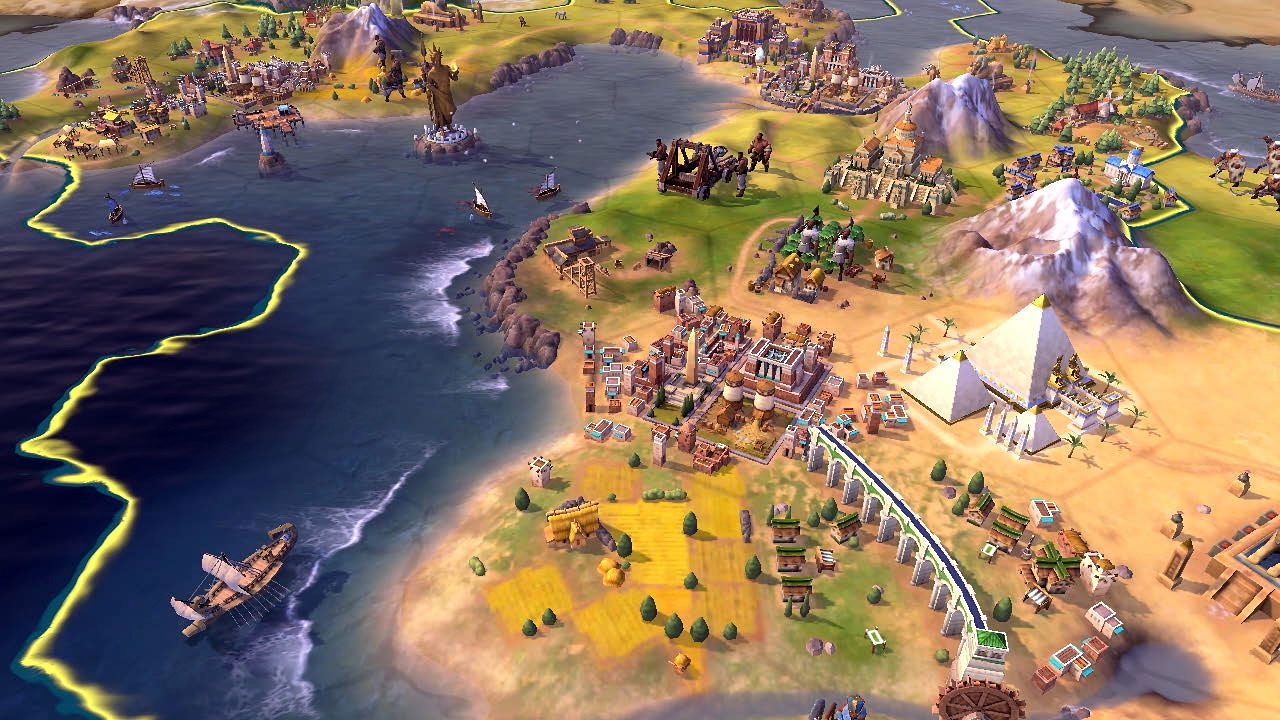 Eine Spielkarte zeigt Städte, Boote und Berge. Wahrzeichen sind eine Statue, Pyramiden und Siedlungen. Meer und Land sind sichtbar.