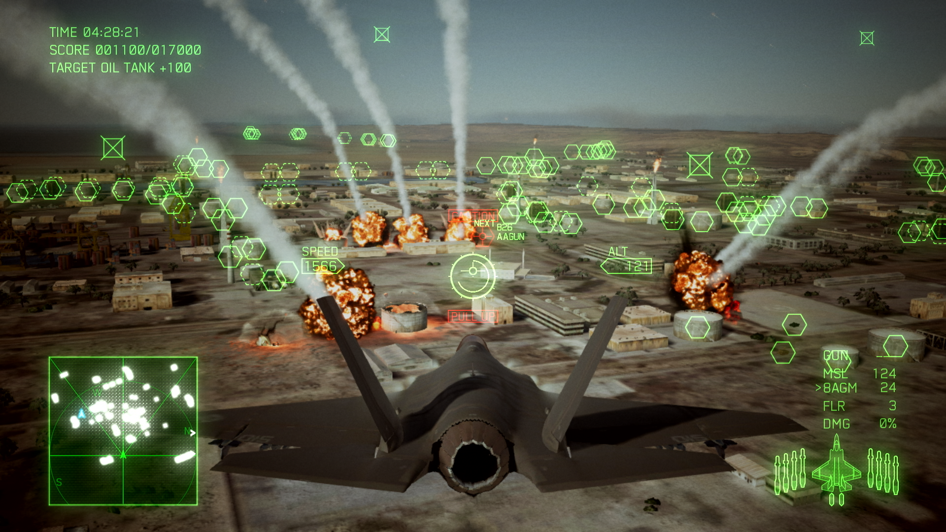 Aereo in un videogioco, bombe che esplodono sullo sfondo.