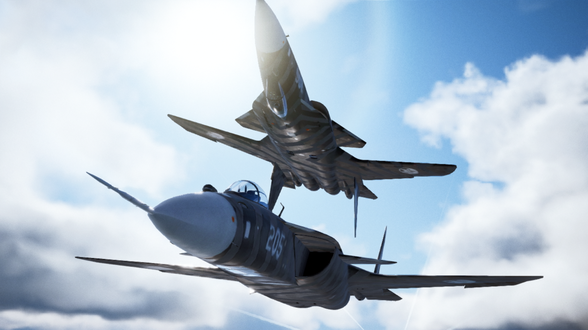 Due jet da combattimento in volo, sfondo del cielo.