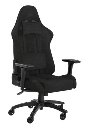 Czarny fotel gamingowy z zagłówkiem, podparciem pleców, podłokietnikami i podstawą z pięcioma kółkami.