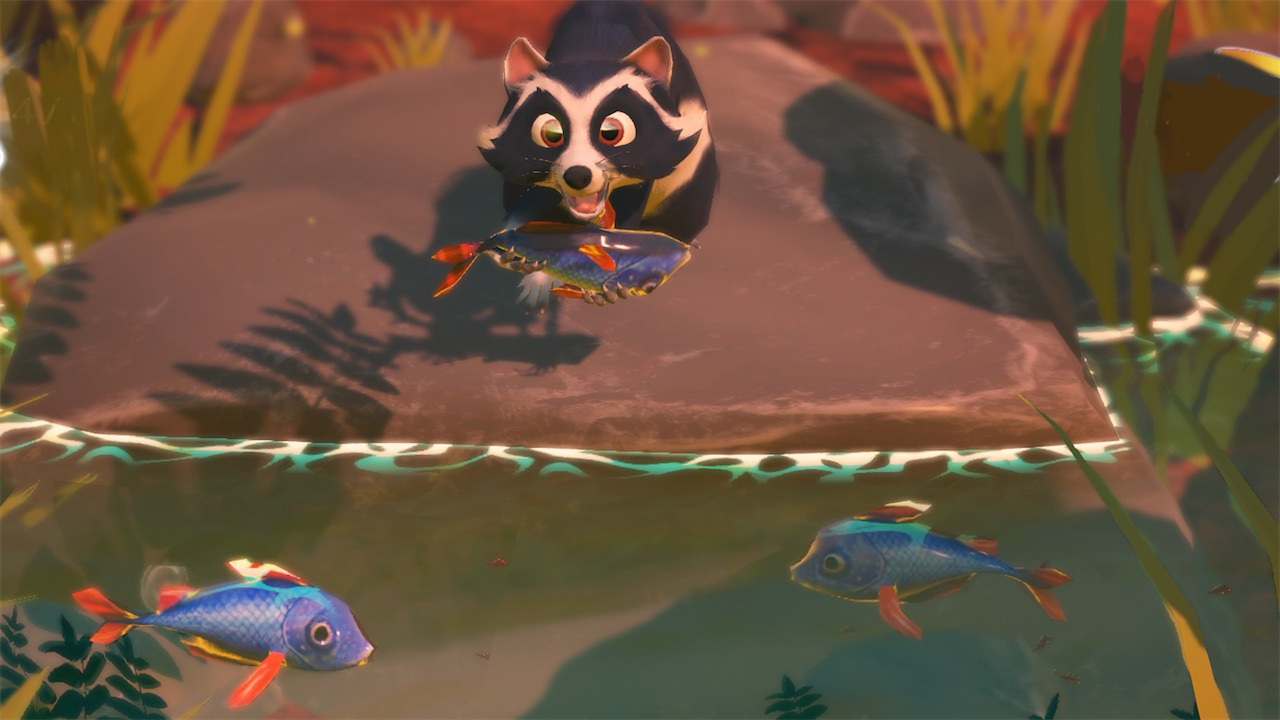 Ein Waschbär hält einen Fisch über einem Teich mit zwei schwimmenden Fischen. Die Szene spielt in einer stilisierten, sonnigen Umgebung.