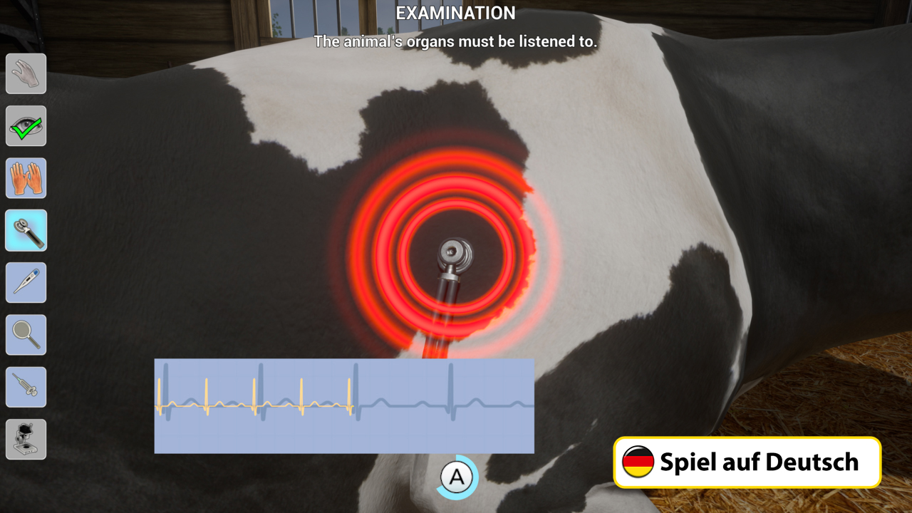 Ein Stethoskop wird verwendet, um eine Kuh zu untersuchen. Ein roter Kreis umgibt den Bereich. Ein EKG-Diagramm wird links angezeigt.