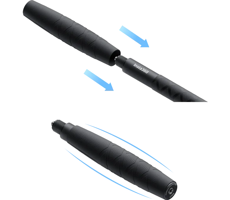 Zwei Teile eines Griffs werden mit blauen Pfeilen verbunden.