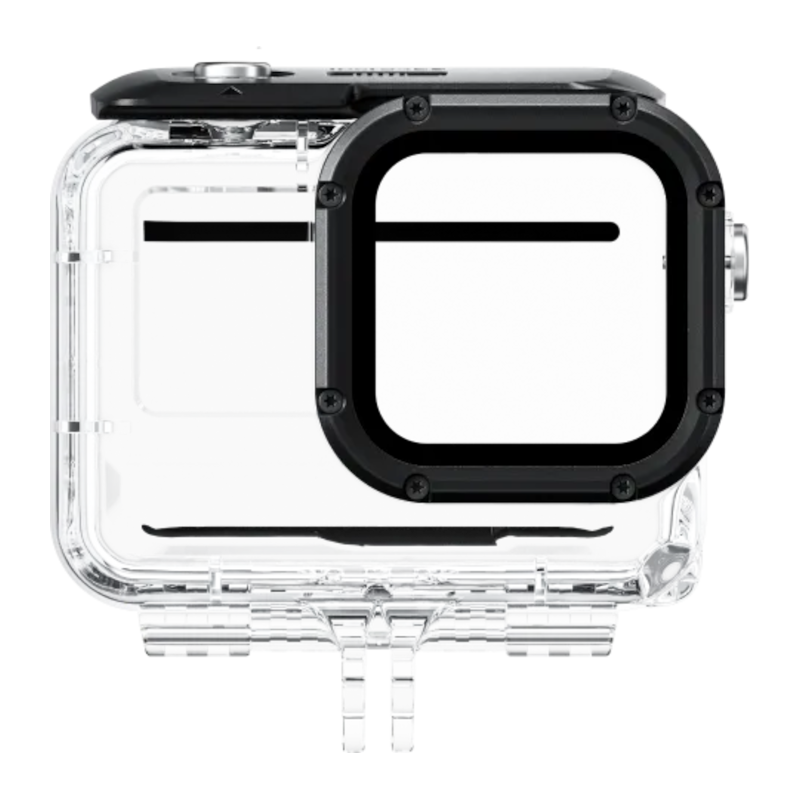 Una custodia impermeabile trasparente per una action cam, con cornice nera e finestre trasparenti.