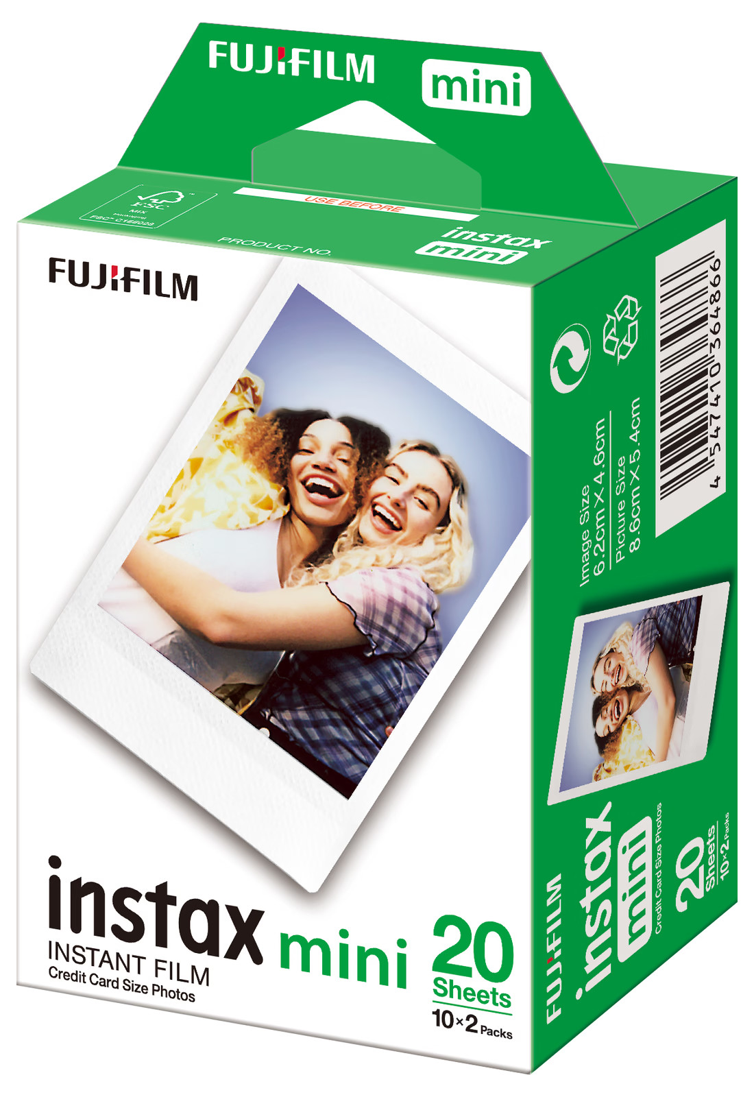 Zielone i białe pudełko filmu Fujifilm Instax Mini. Zdjęcie dwóch kobiet. Tekst mówi '20 arkuszy'.