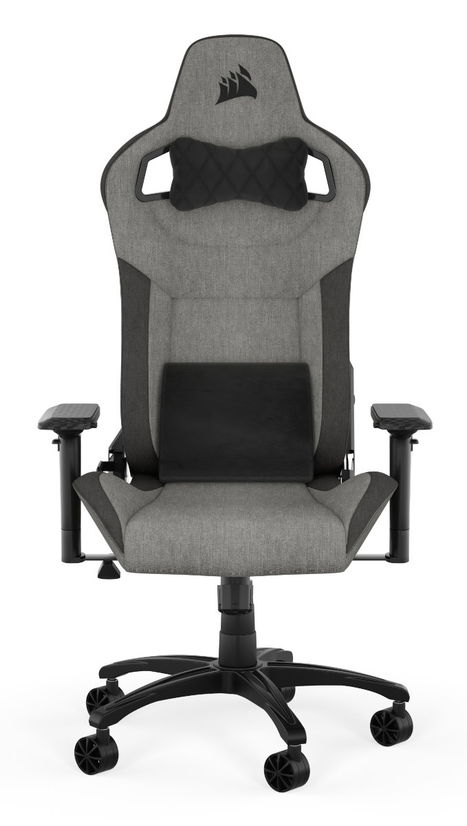 Krzesło gamingowe w kolorze szarym z czarnymi akcentami. Białe tło.