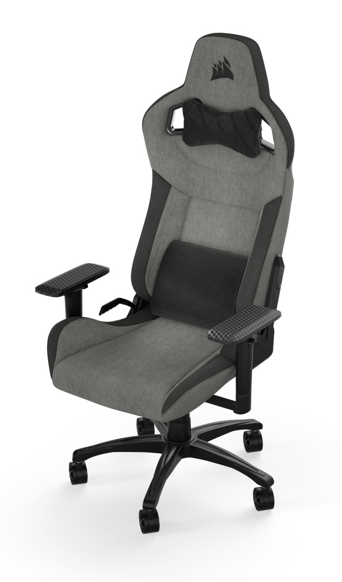 Szary i czarny fotel gamingowy z zagłówkiem, podparciem lędźwiowym i podłokietnikami na białym tle.