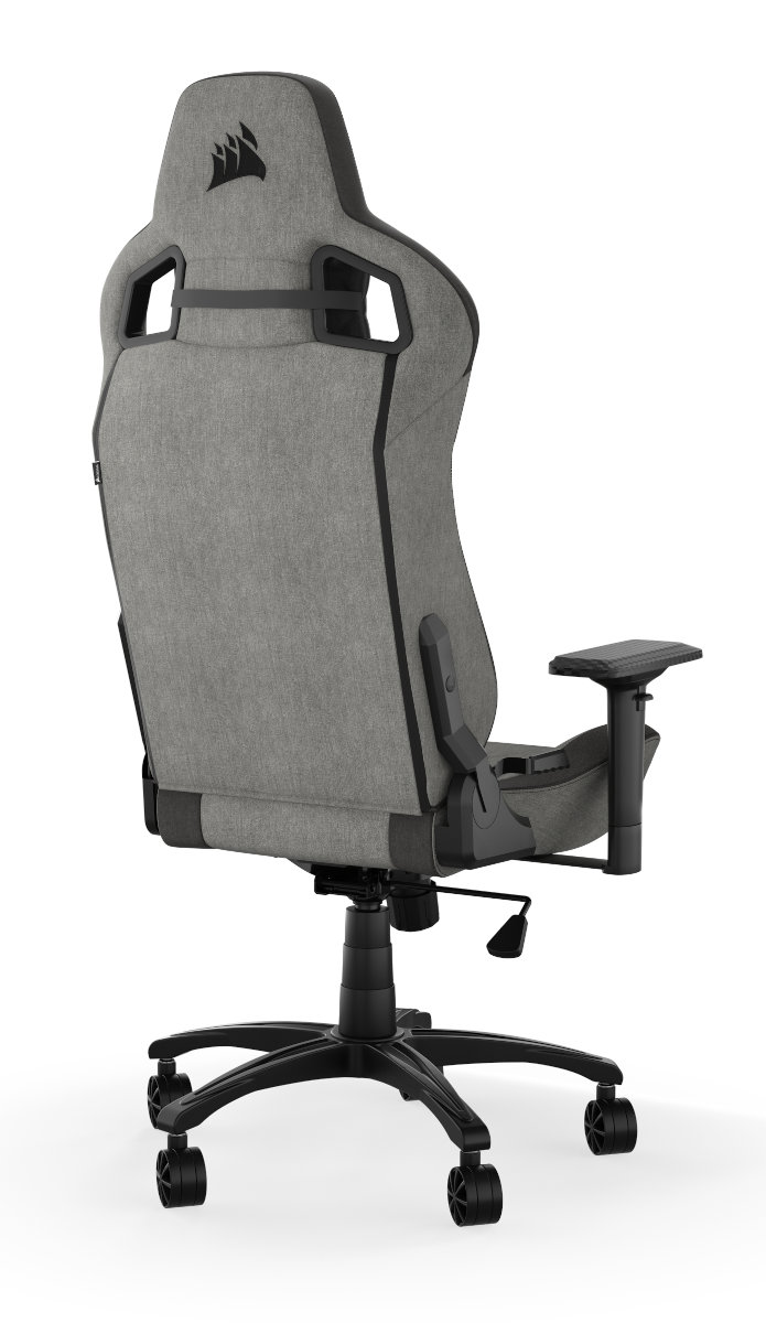 Widok z tyłu szarego fotela gamingowego, czarna podstawa i kółka, z logo Corsair na zagłówku.