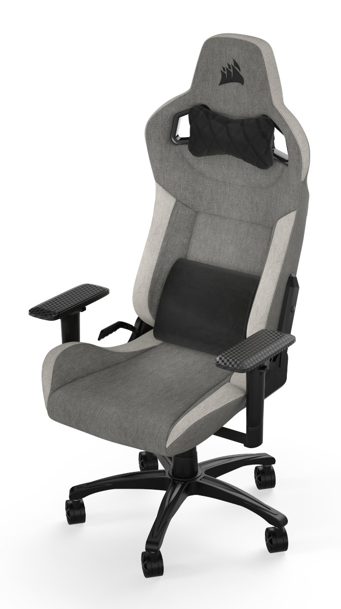 Krzesło gamingowe: szara tkanina, czarne akcenty i zagłówek z logo Corsair.