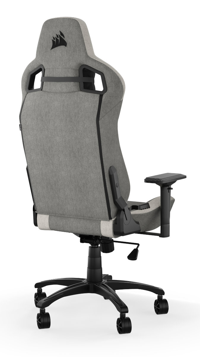 Szary i czarny fotel gamingowy, widok z tyłu, z logo Corsair widocznym na zagłówku.