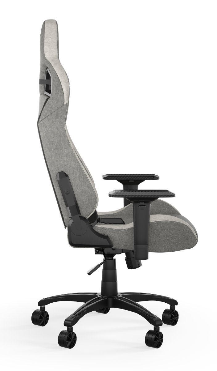 Szary i czarny fotel gamingowy, widok z boku, na białym tle.