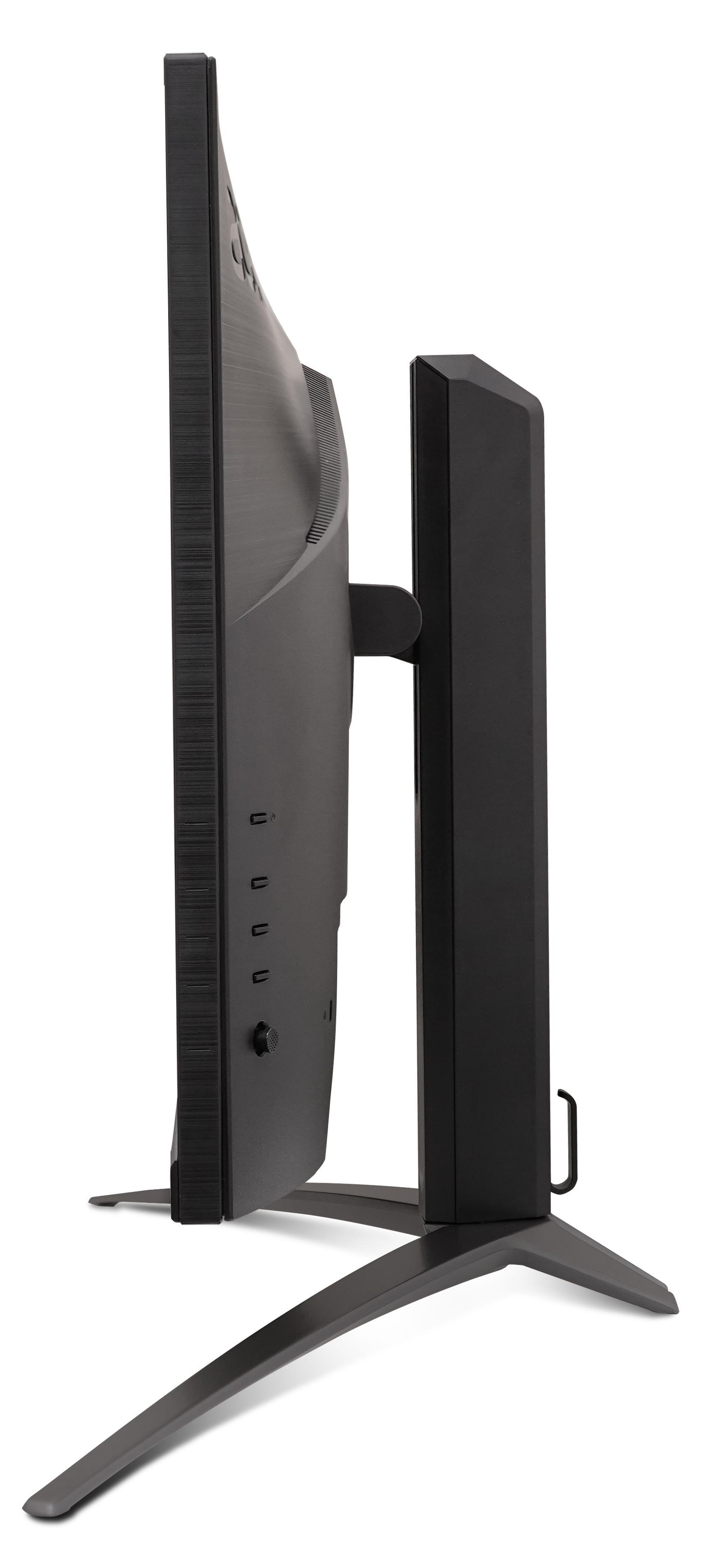 Ein gewölbter Monitor steht vertikal. Das Design ist elegant und hat einen Ständer.