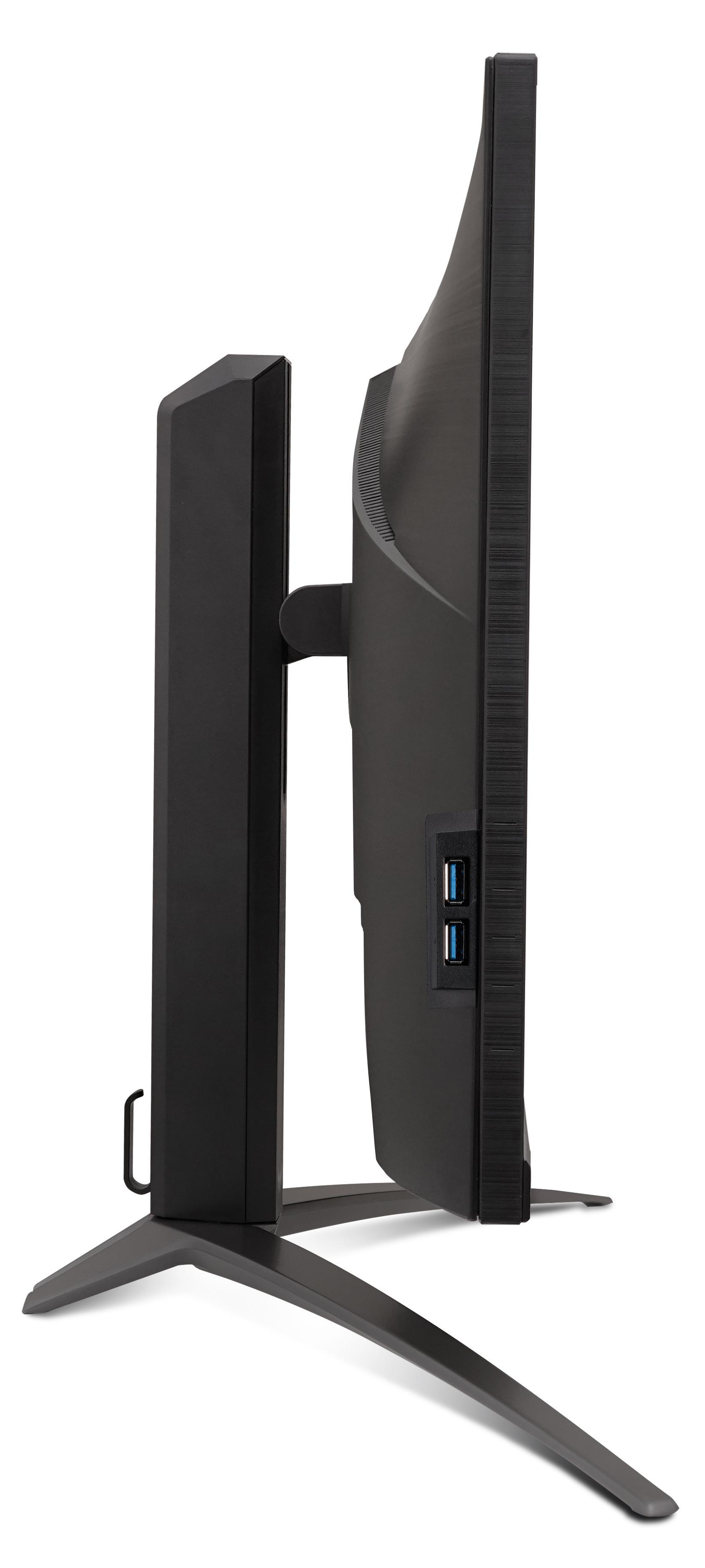 Seitenansicht eines schwarzen Computermonitors mit Ständer und USB-Anschlüssen.