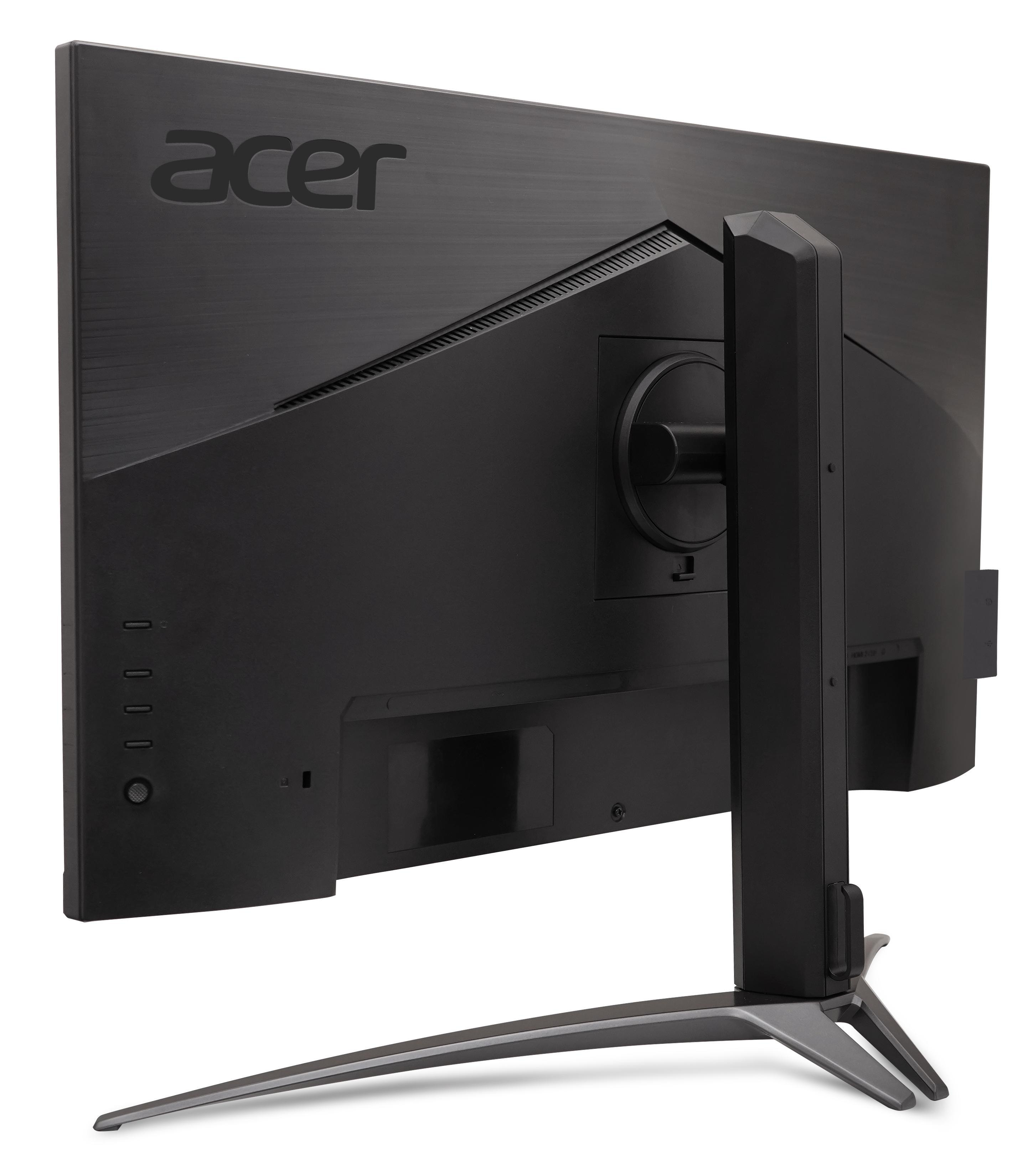Rückseite eines schwarzen Acer-Monitors mit Ständer. Das Acer-Logo ist oben sichtbar.