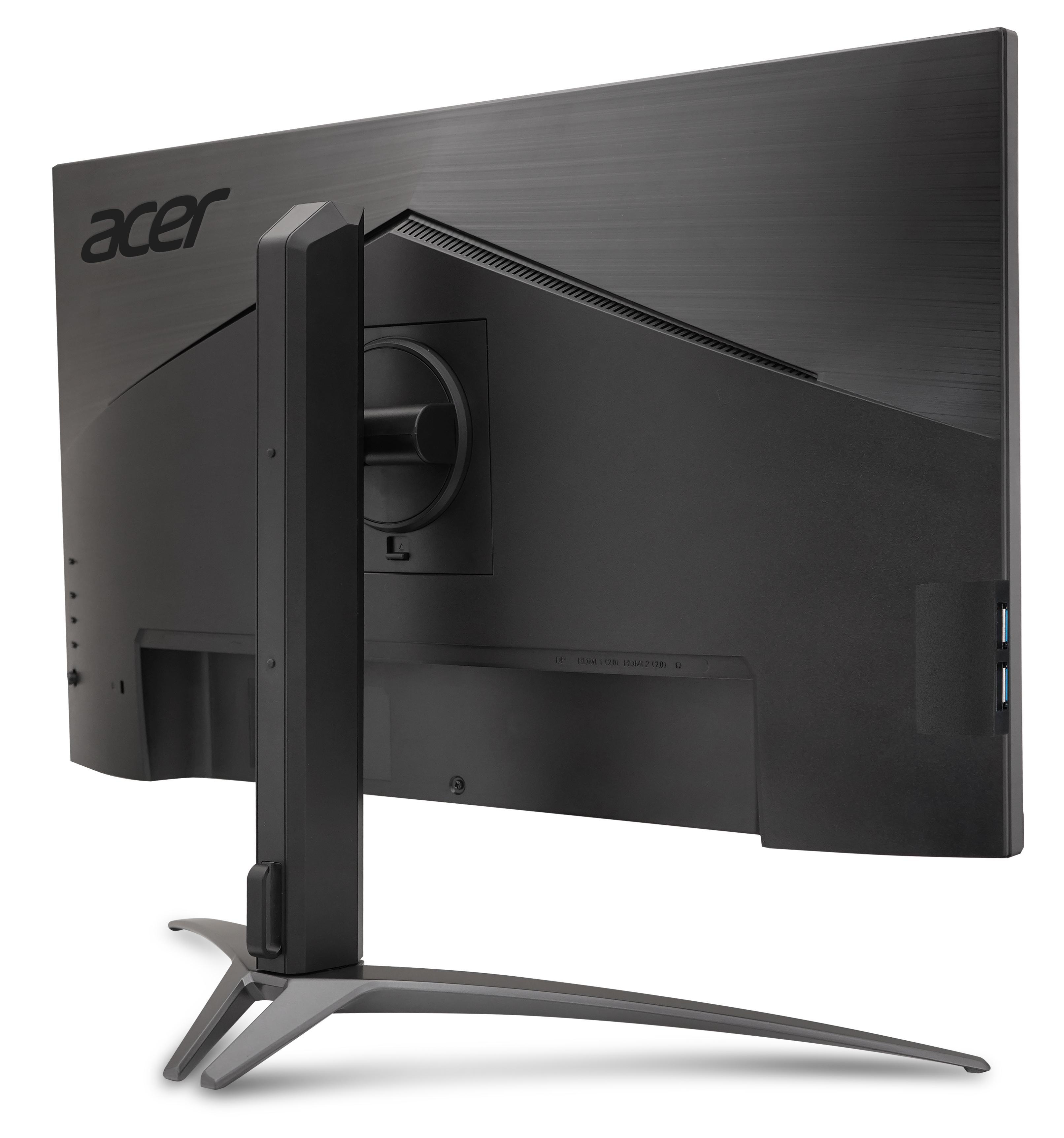 Rückansicht eines schwarzen Computermonitors mit Acer-Logo und Anschlüssen.